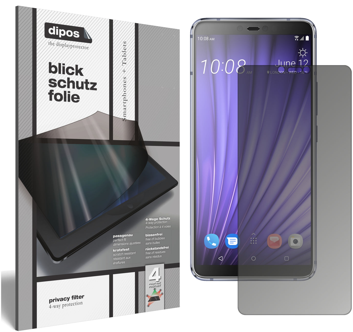 Blickschutzfolie von dipos passend für HTC U19e, präziser Zuschnitt und blasenfrei montiert