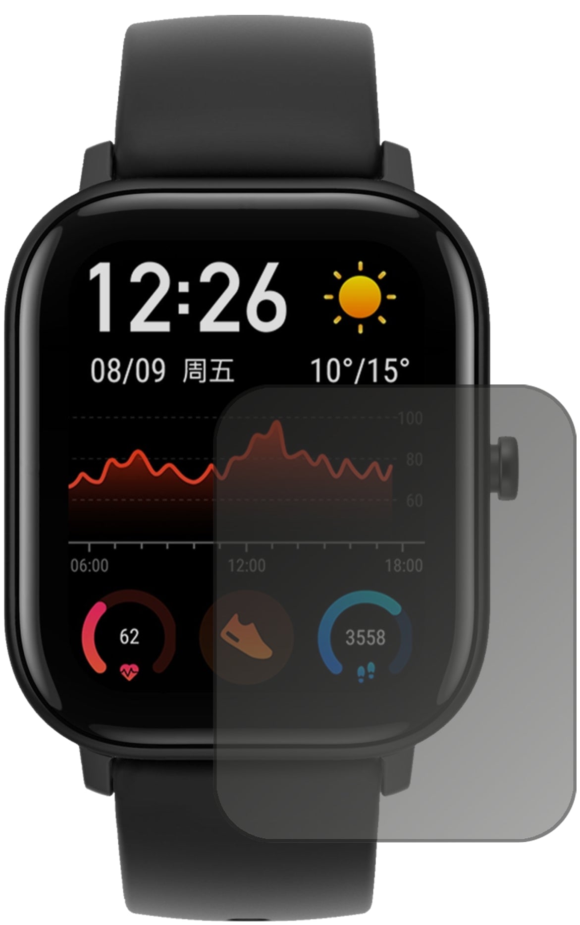 HuamiAmazfit GTS mit aufgebrachtem dipos Displayschutz, der seitliche Einblicke blockiert