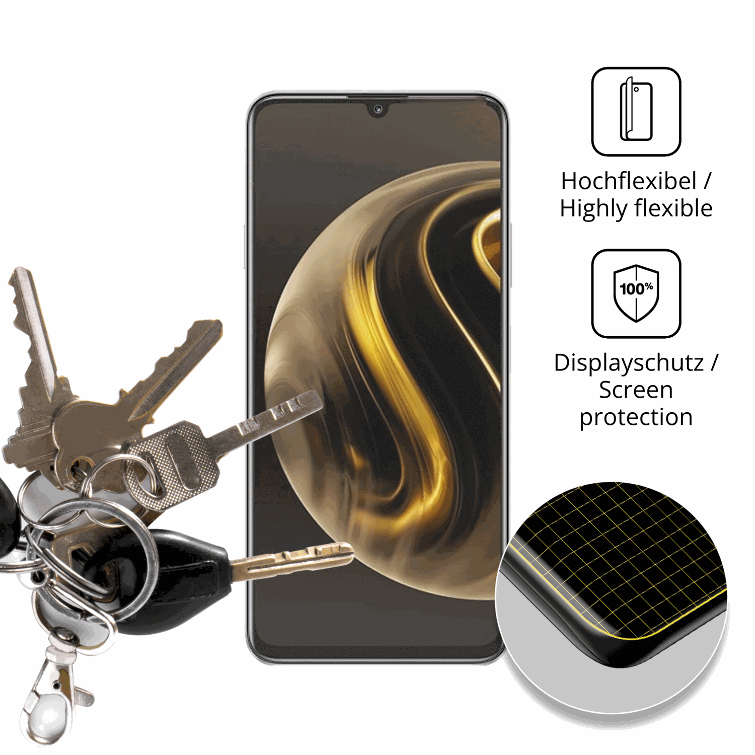 dipos Displayschutz für Huawei Enjoy 70, transparente Oberfläche, perfekte Passform auch für die Rundungen
