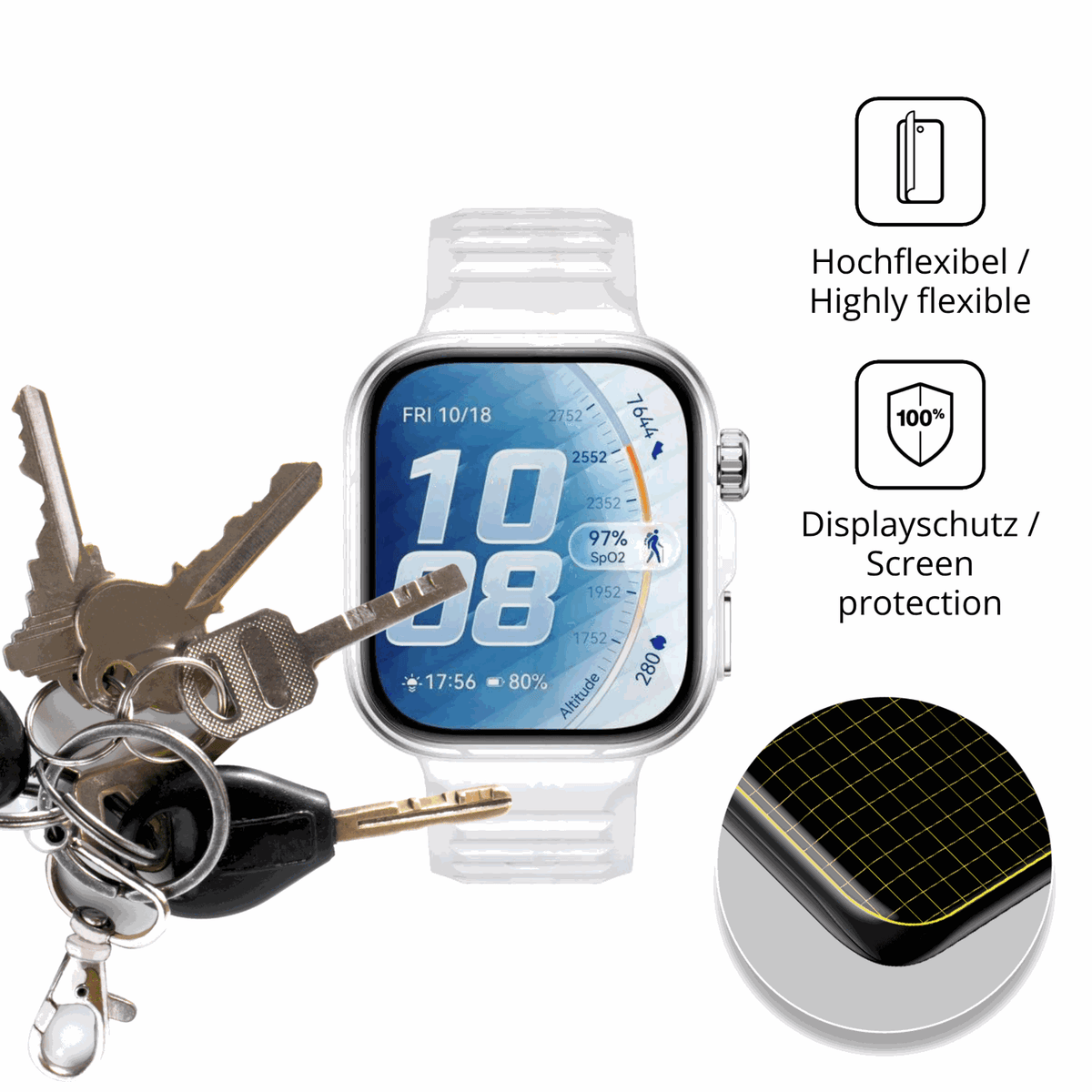 dipos Displayschutz für Huawei Watch Fit 5 Pro, transparente Oberfläche, geringe Dicke und perfekte Passform