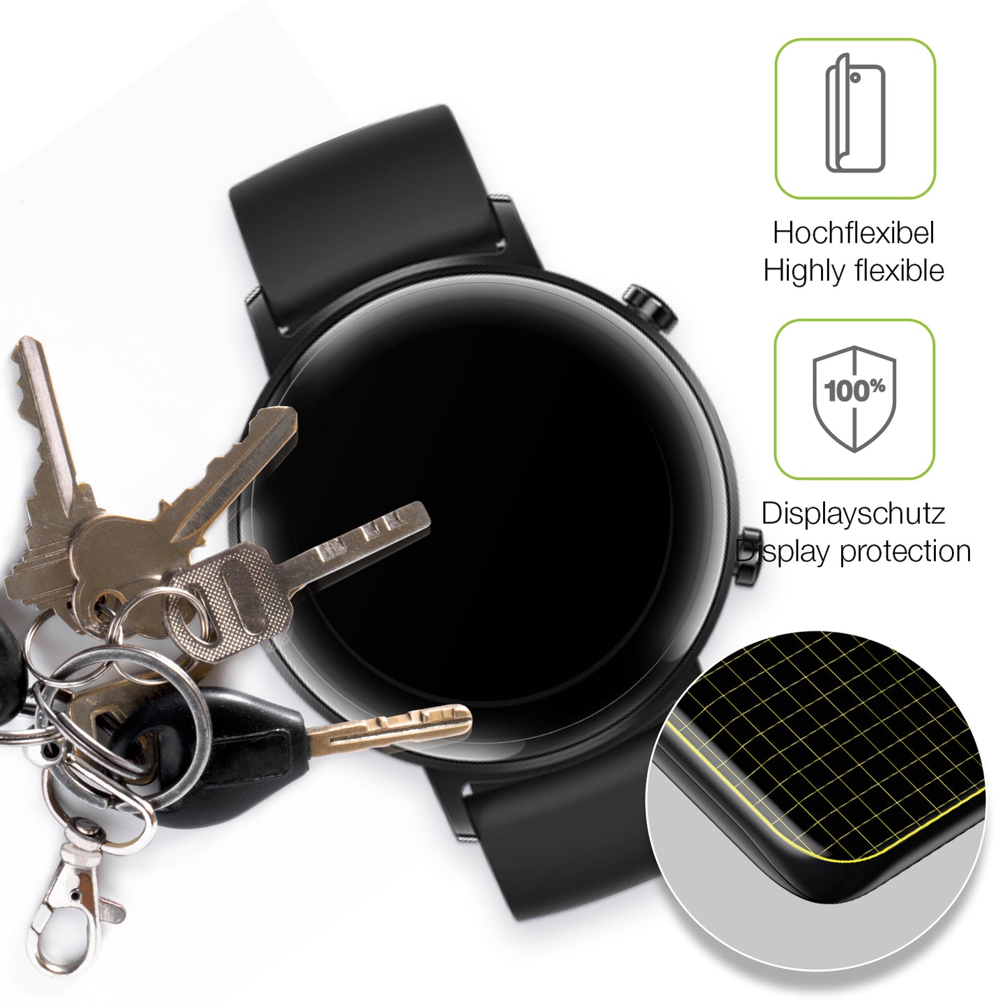 dipos Displayschutz für Huawei Watch GT2 42mm, transparente Oberfläche, perfekte Passform auch für die Rundungen