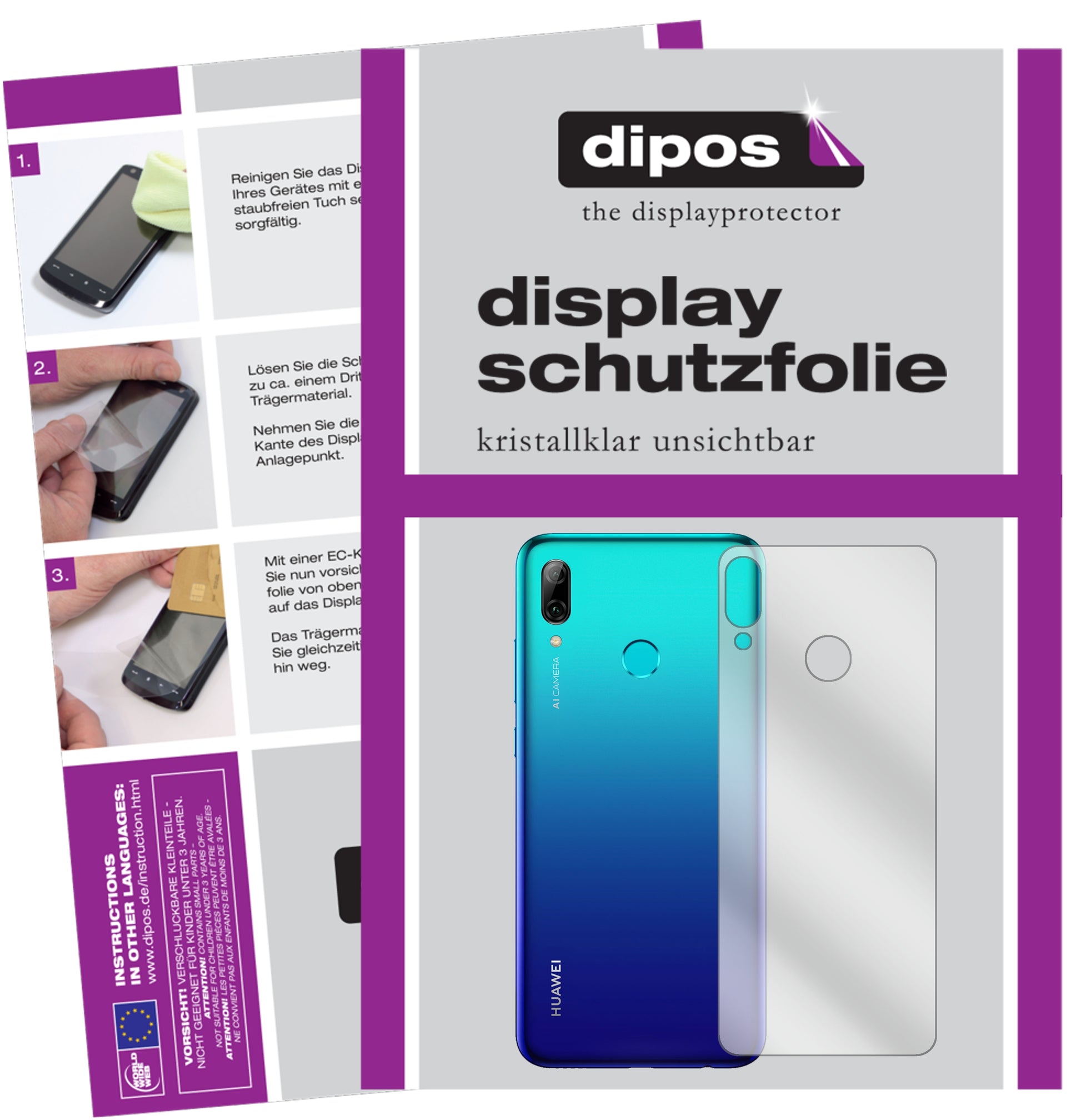 Klare Displayschutzfolie von dipos passend für Huawei Enjoy 9S Rückseite, präziser Zuschnitt und blasenfrei montiert