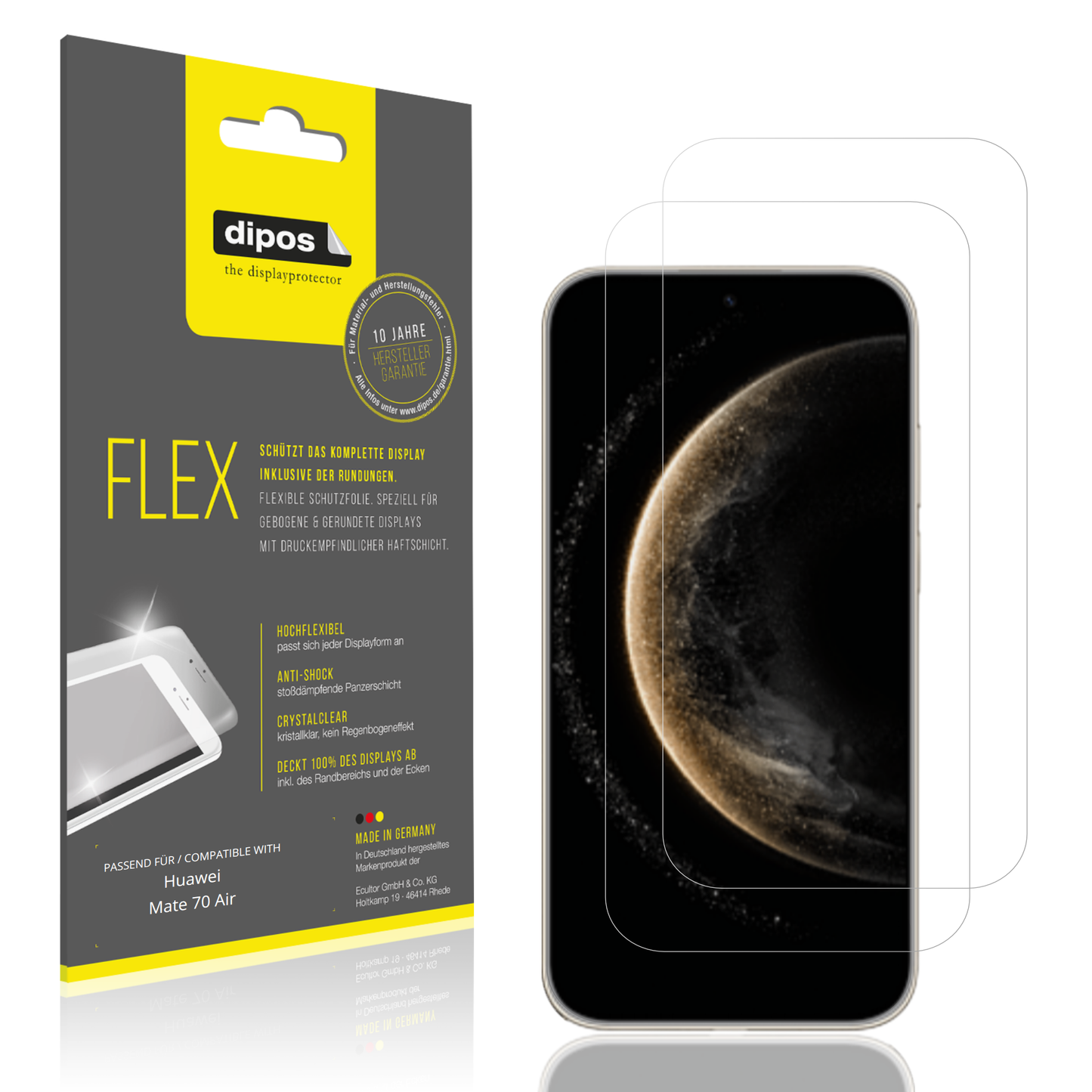 Klare Displayschutzfolie von dipos passend für huaweimate 70 air, 100% Displayabdeckung und blasenfreie Montage