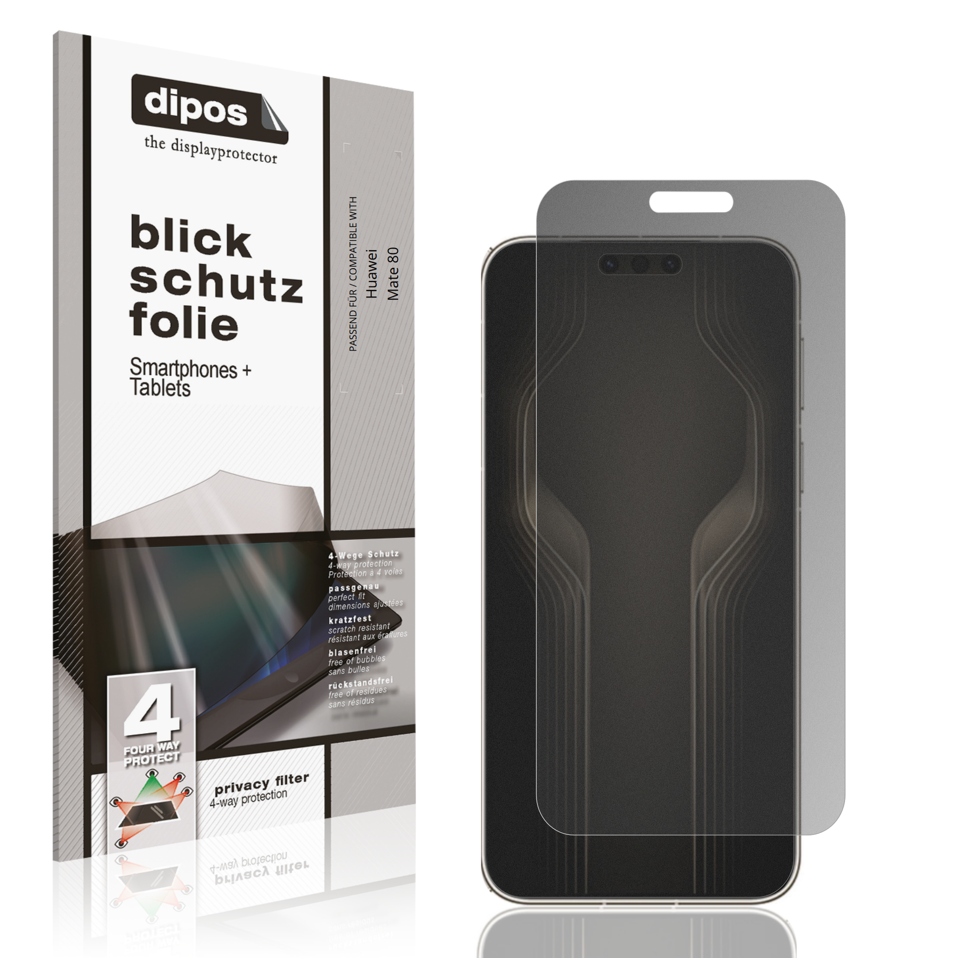 Blickschutzfolie von dipos passend für huaweimate 80, präziser Zuschnitt und blasenfrei montiert