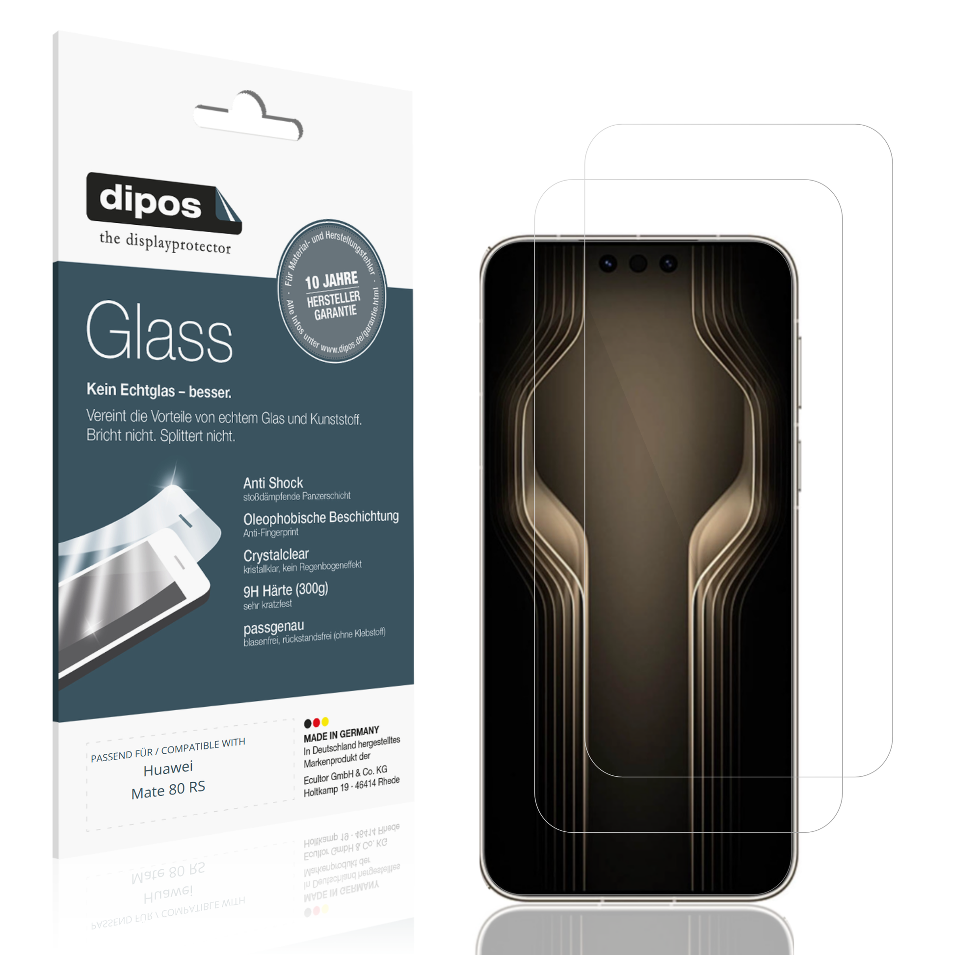 Klare Displayschutzfolie von dipos passend für huaweimate 80 rs, 9H kratzfest und blasenfrei montiert