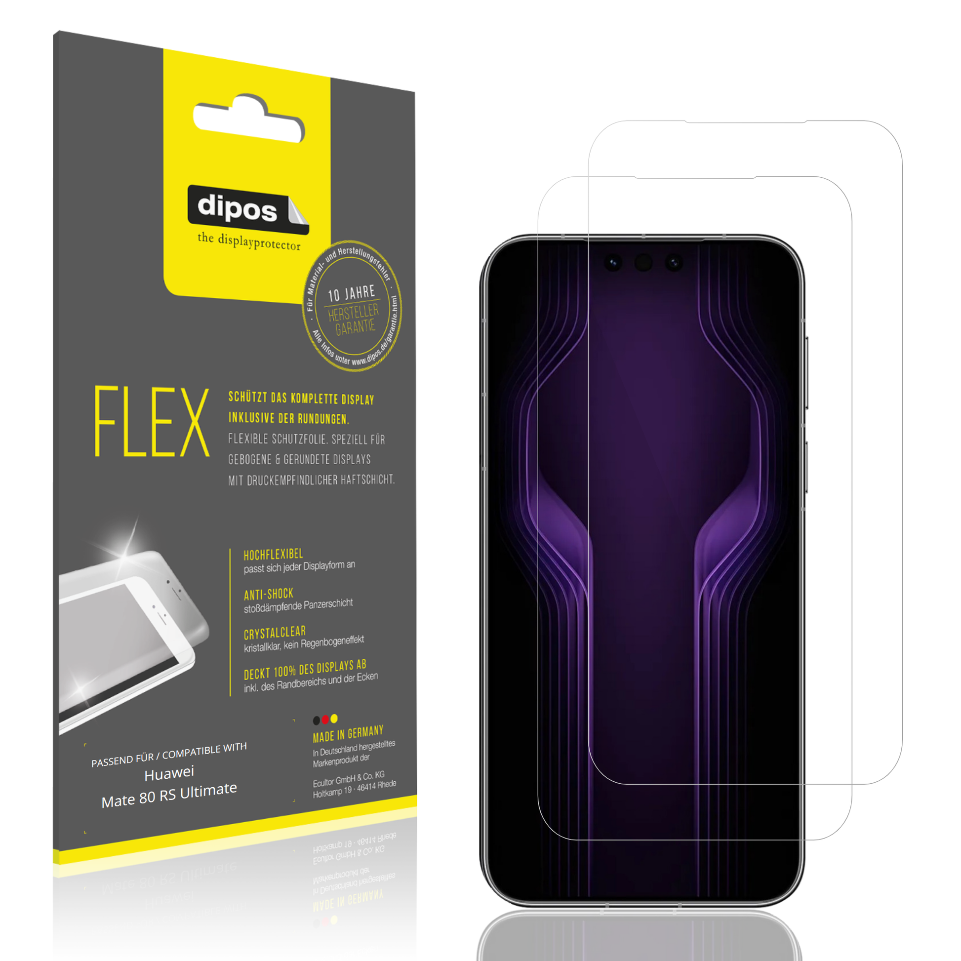 Klare Displayschutzfolie von dipos passend für Huawei Mate 80 RS Ultimate, 100% Displayabdeckung und blasenfreie Montage