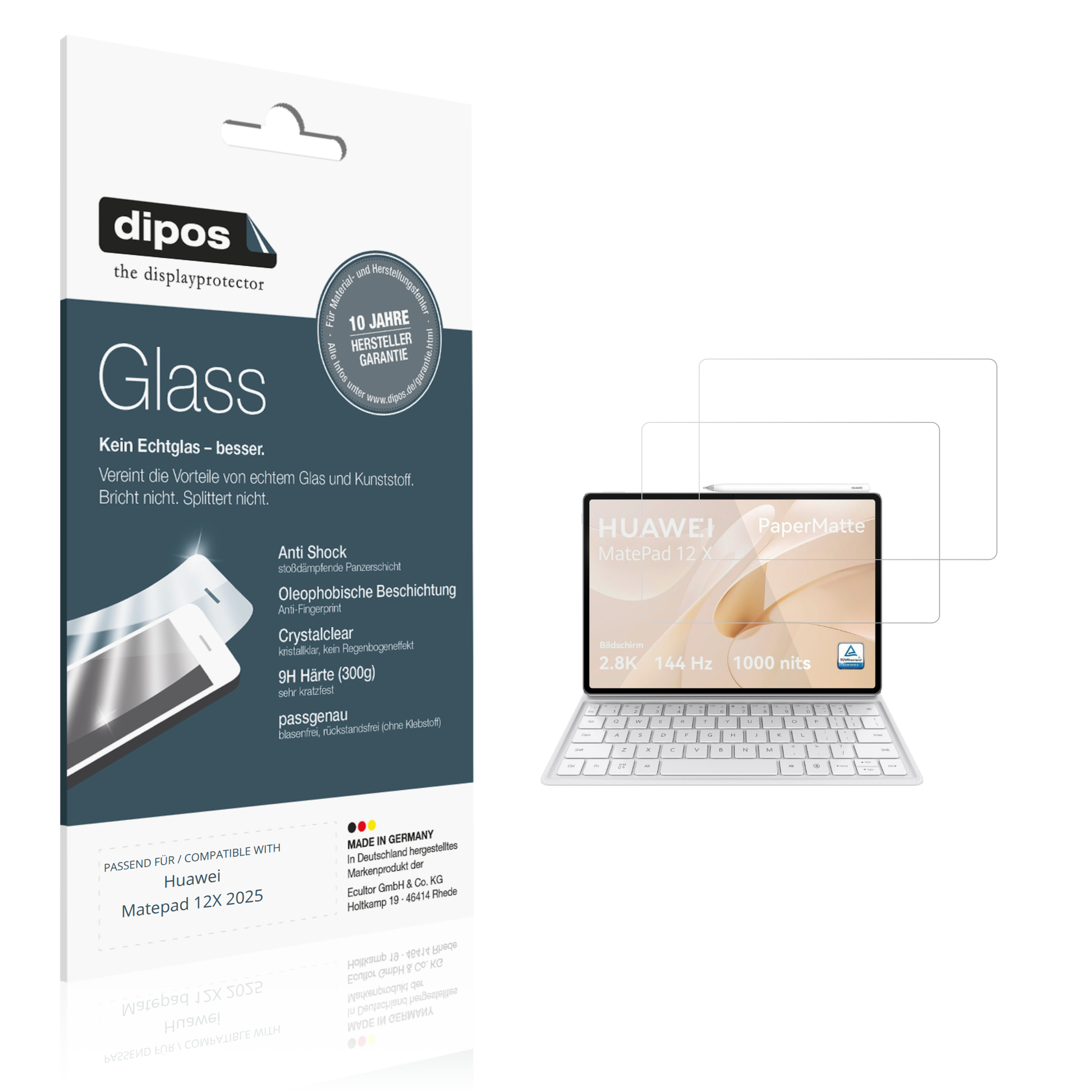 Klare Displayschutzfolie von dipos passend für huaweimatepad 12x 2025, 9H kratzfest und blasenfrei montiert
