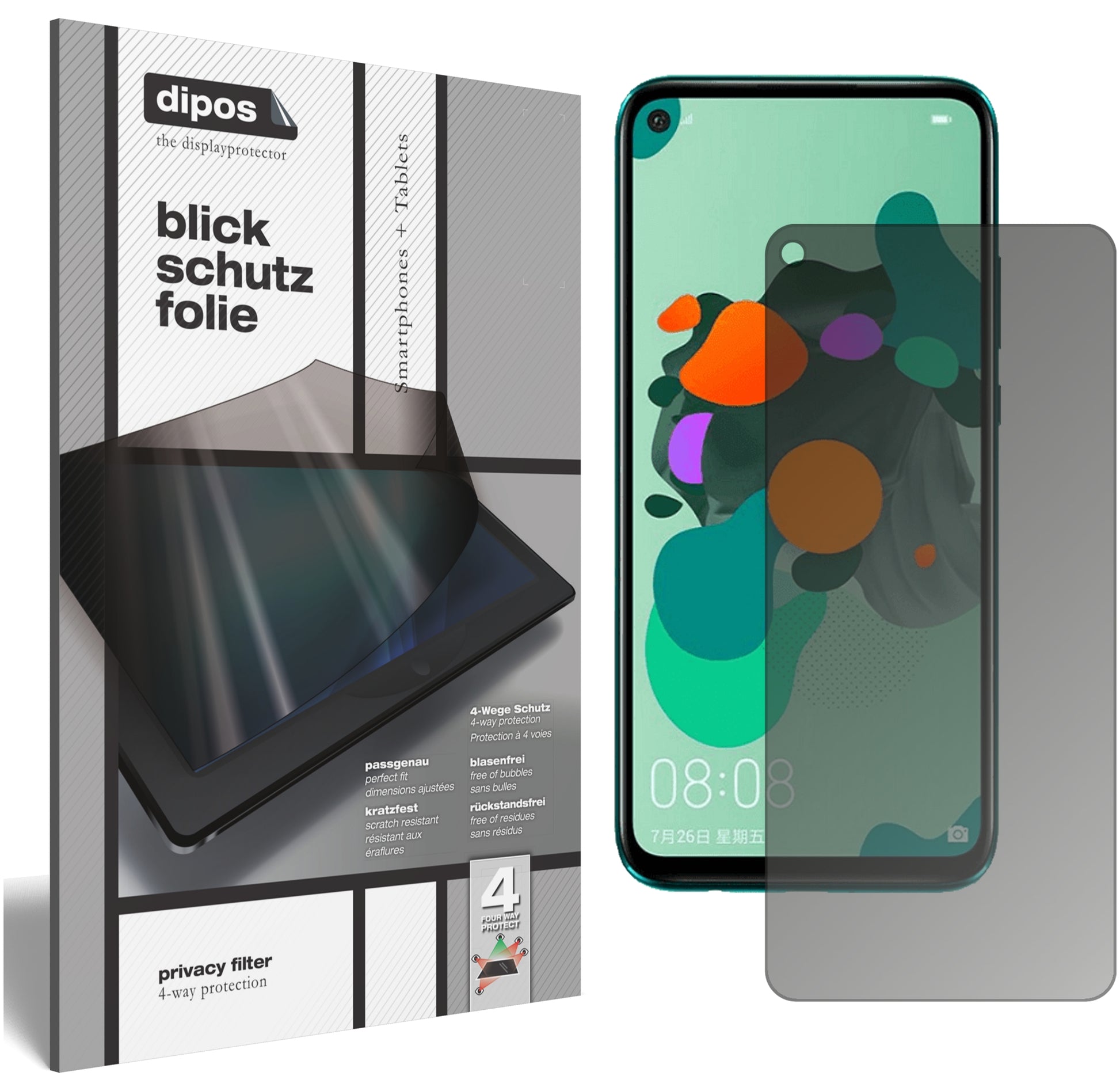 Blickschutzfolie von dipos passend für Huawei nova 5i Pro, präziser Zuschnitt und blasenfrei montiert