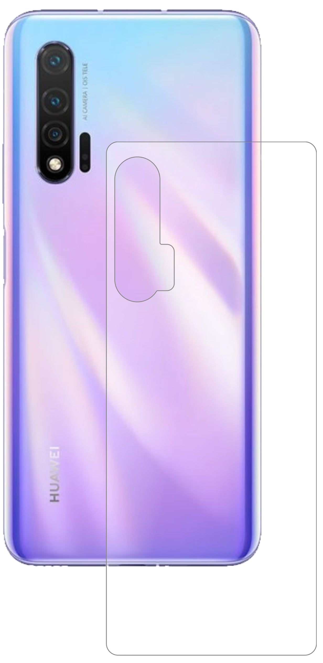 Huaweinova 6 5G Rückseite mit aufgebrachter dipos Panzerfolie, die lästige Fingerabdrücke minimiert