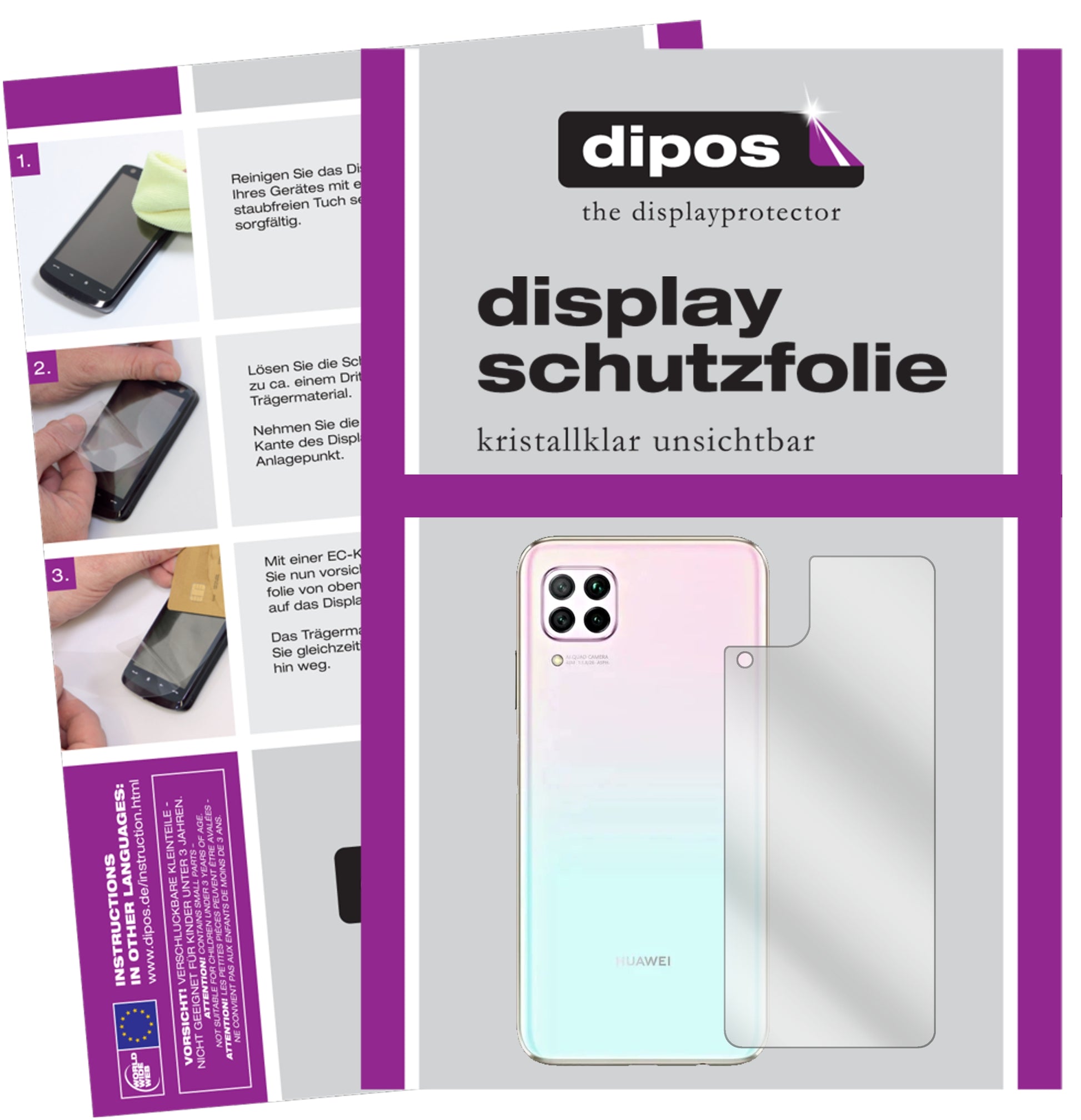Klare Displayschutzfolie von dipos passend für Huawei P40 Lite Rückseite, präziser Zuschnitt und blasenfrei montiert