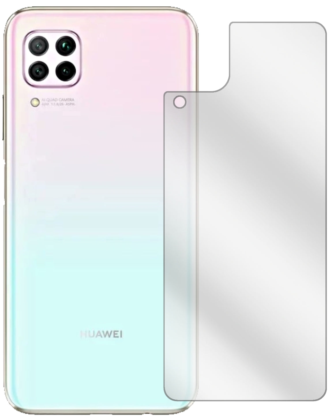 HuaweiP40 Lite Rückseite mit aufgebrachter dipos Displayschutzfolie, glasklare Darstellung ohne Einschränkungen