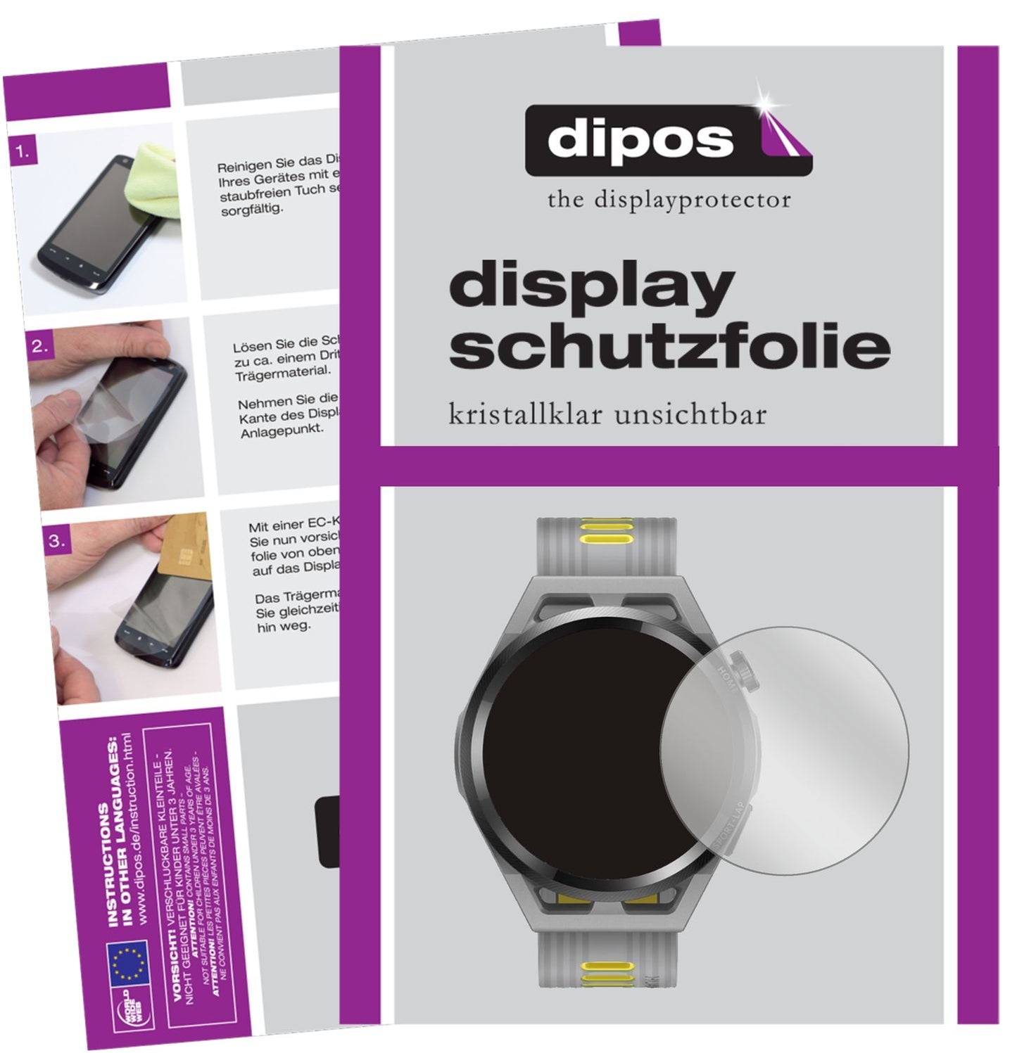 Klare Displayschutzfolie von dipos passend für Huawei Watch GT Runner, präziser Zuschnitt und blasenfrei montiert
