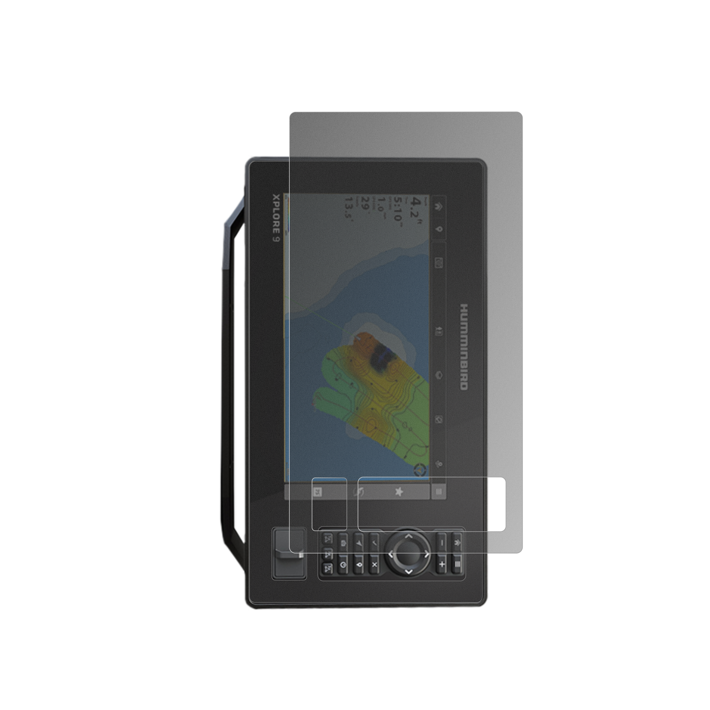 HumminbirdXplore 9 mit aufgebrachtem dipos Displayschutz, der seitliche Einblicke blockiert