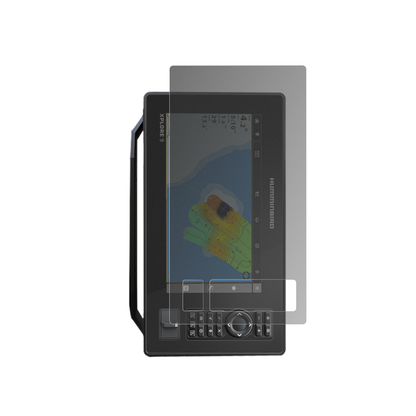 HumminbirdXplore 9 mit aufgebrachtem dipos Displayschutz, der seitliche Einblicke blockiert