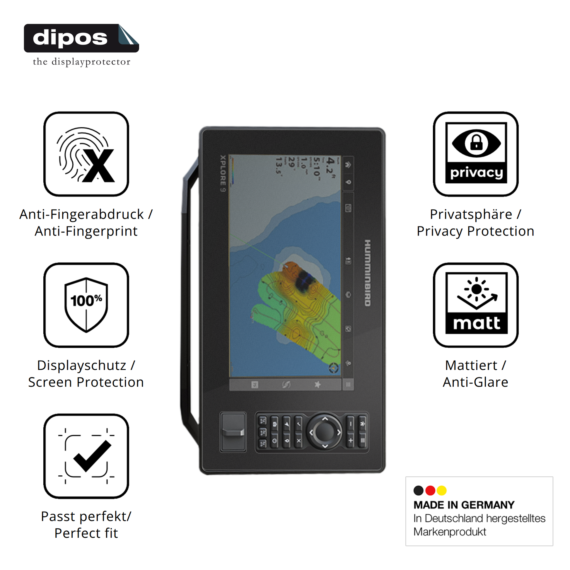Privatsphäre-Schutz durch Sichtschutz-Folie passend zugeschnitten für Humminbird Xplore 9
