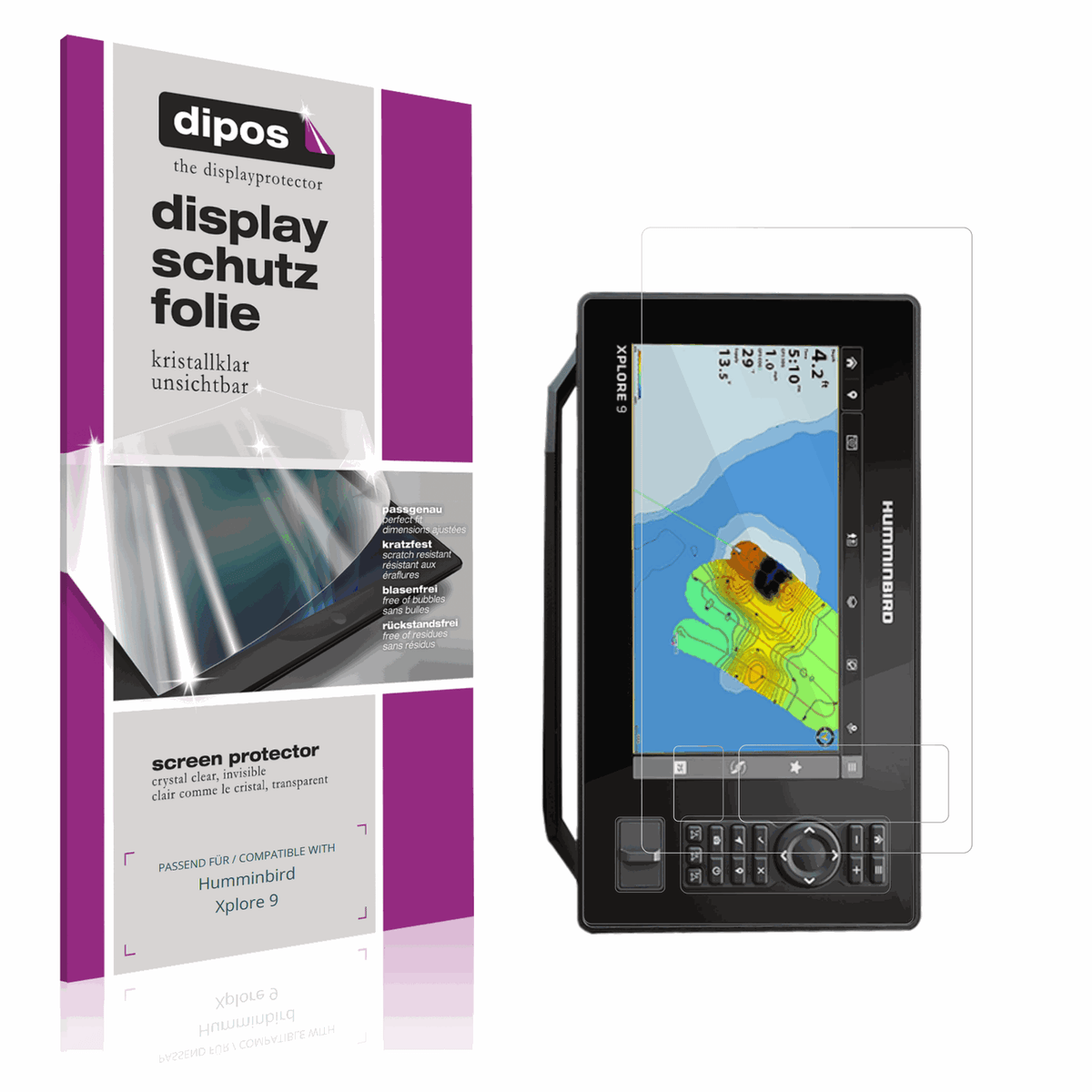 Klare Displayschutzfolie von dipos passend für Humminbird Xplore 9, präziser Zuschnitt und blasenfrei montiert