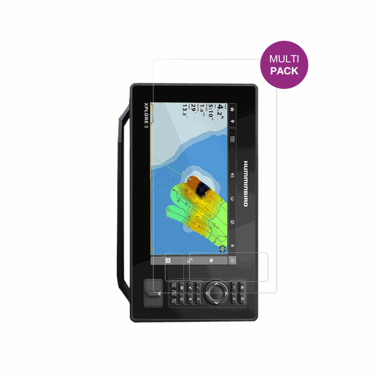 HumminbirdXplore 9 mit aufgebrachter dipos Displayschutzfolie, glasklare Darstellung ohne Einschränkungen