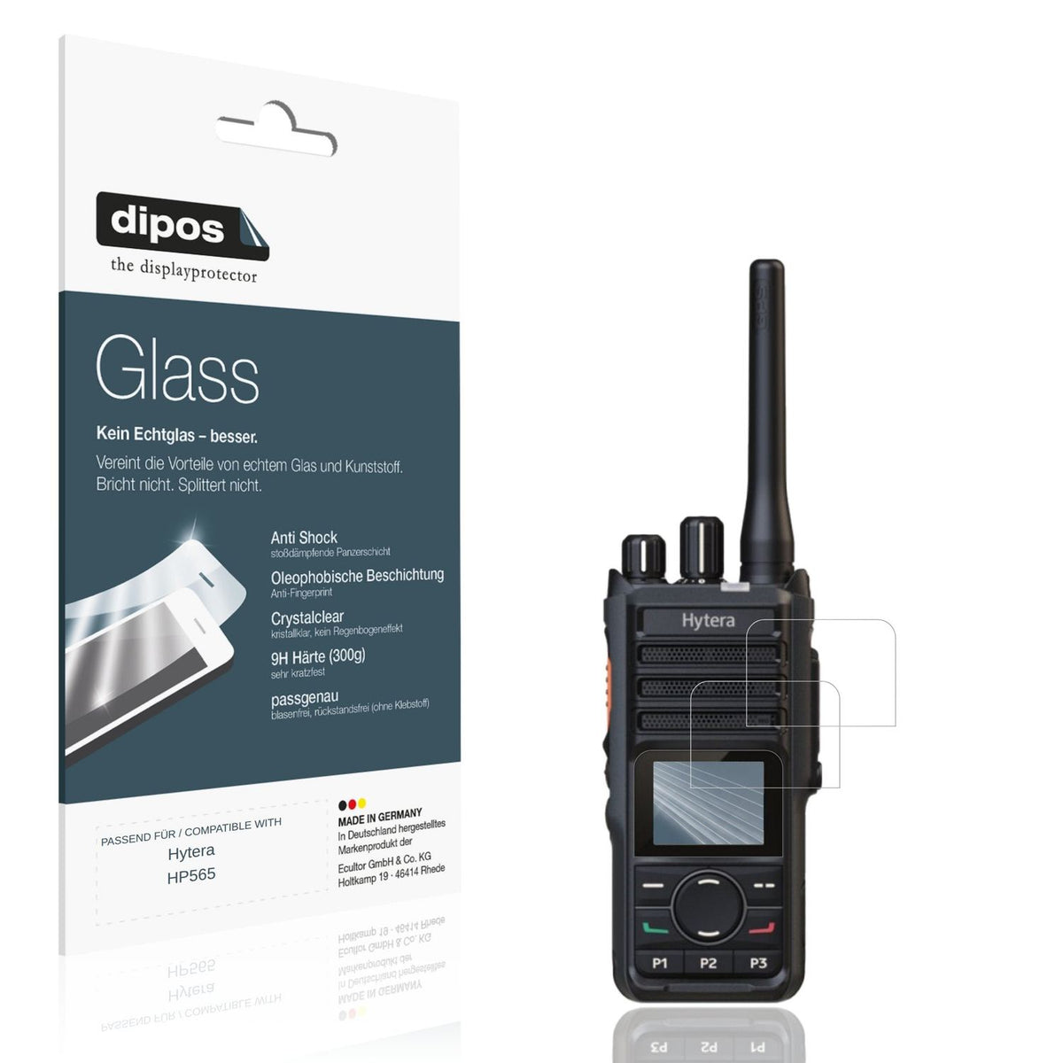 Klare Displayschutzfolie von dipos passend für Hytera HP565, 9H kratzfest und blasenfrei montiert