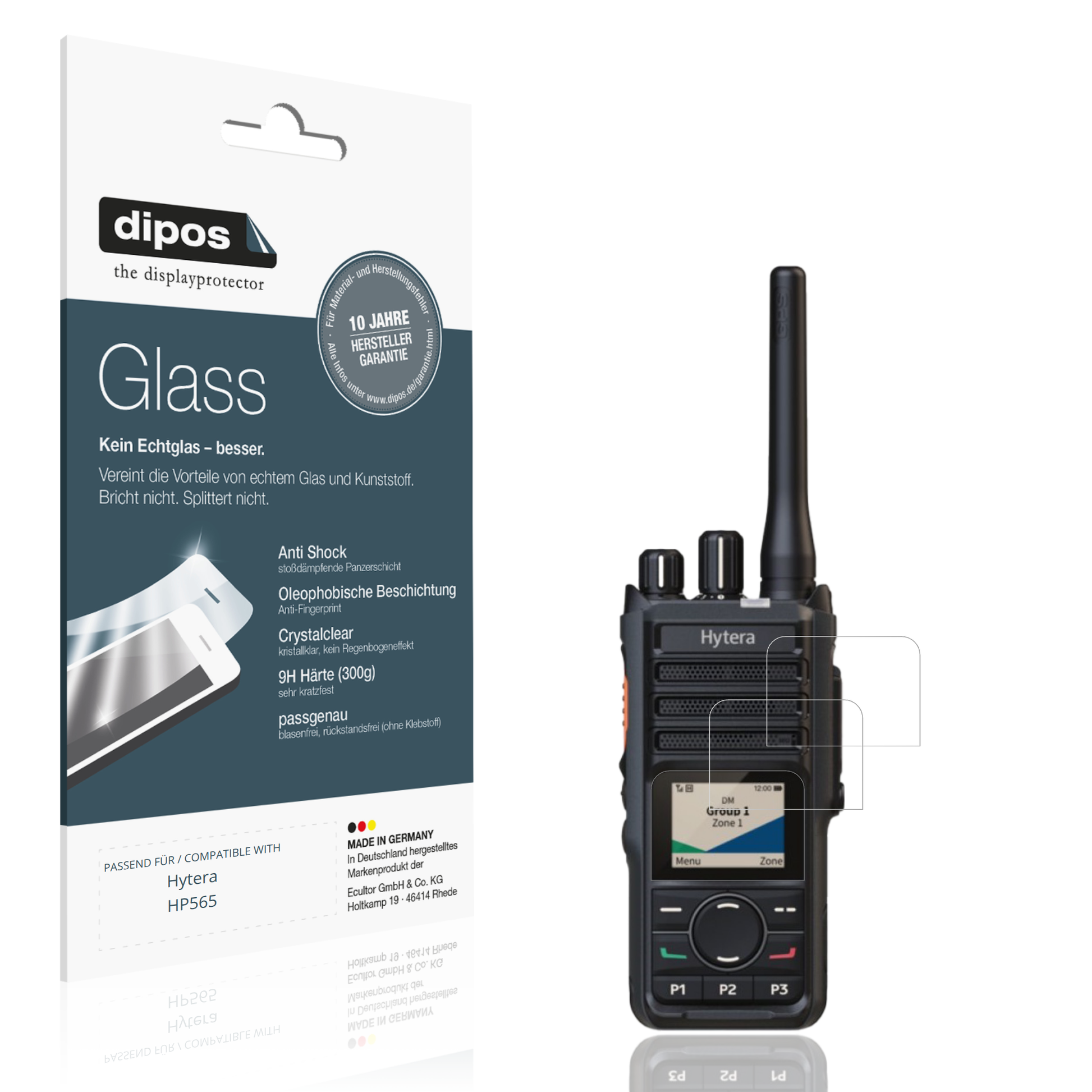 Klare Displayschutzfolie von dipos passend für Hytera HP565, 9H kratzfest und blasenfrei montiert