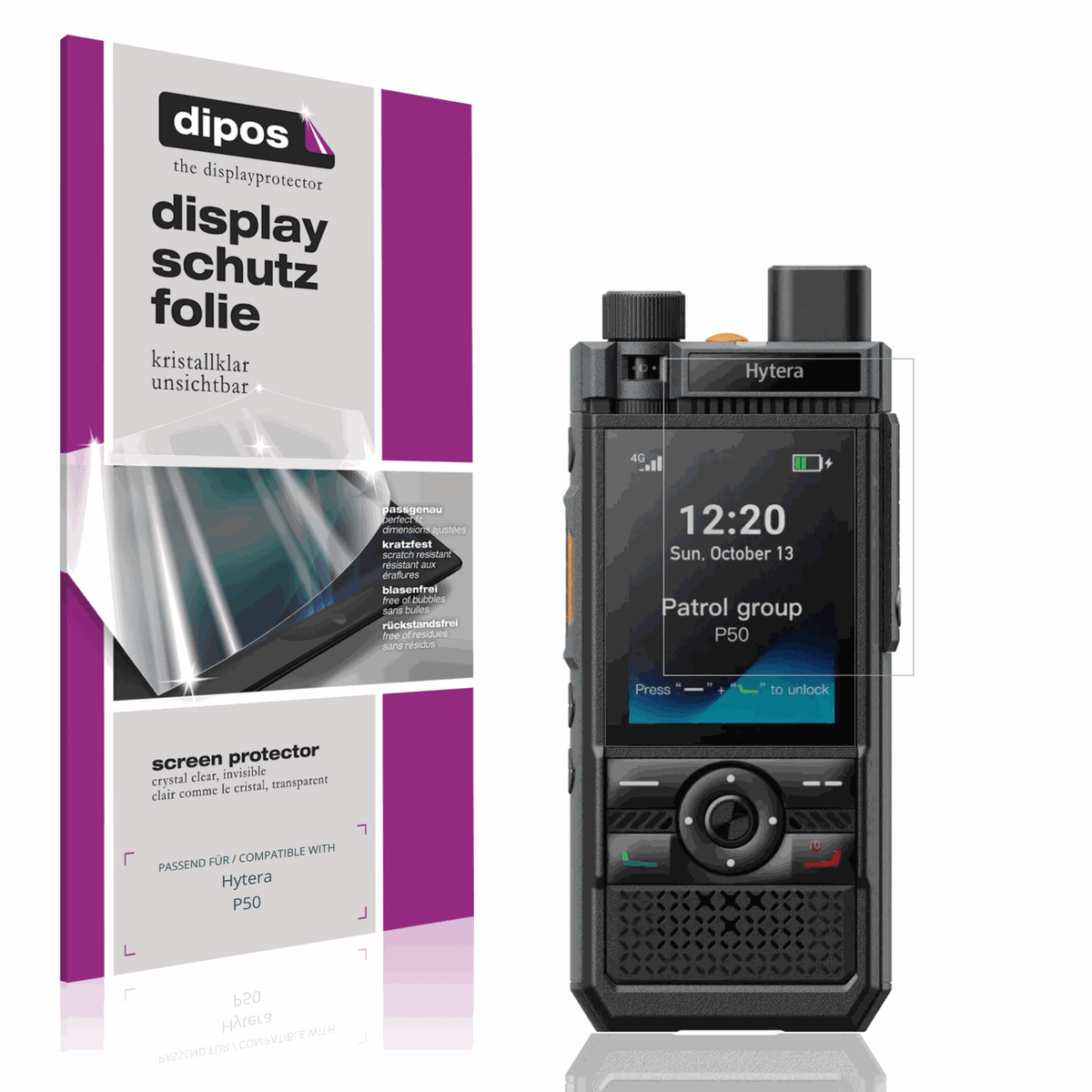 Klare Displayschutzfolie von dipos passend für Hytera P50, präziser Zuschnitt und blasenfrei montiert