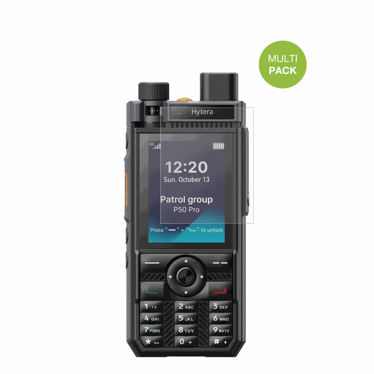 HyteraP50 Pro mit aufgebrachter dipos Displayschutzfolie, die lästige Fingerabdrücke minimiert