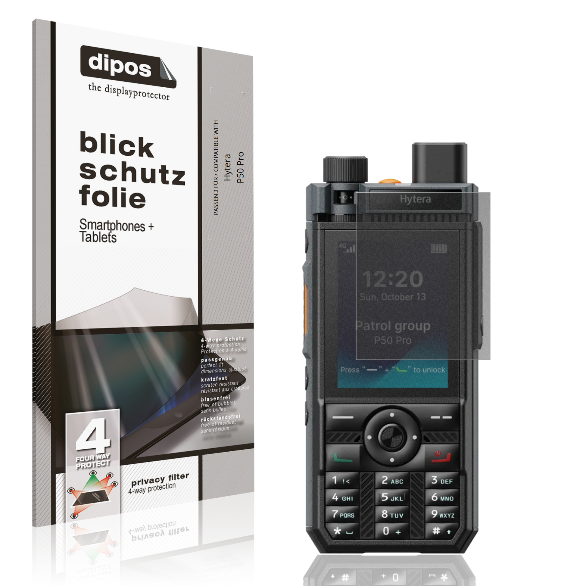 Blickschutzfolie von dipos passend für Hytera P50 Pro, präziser Zuschnitt und blasenfrei montiert