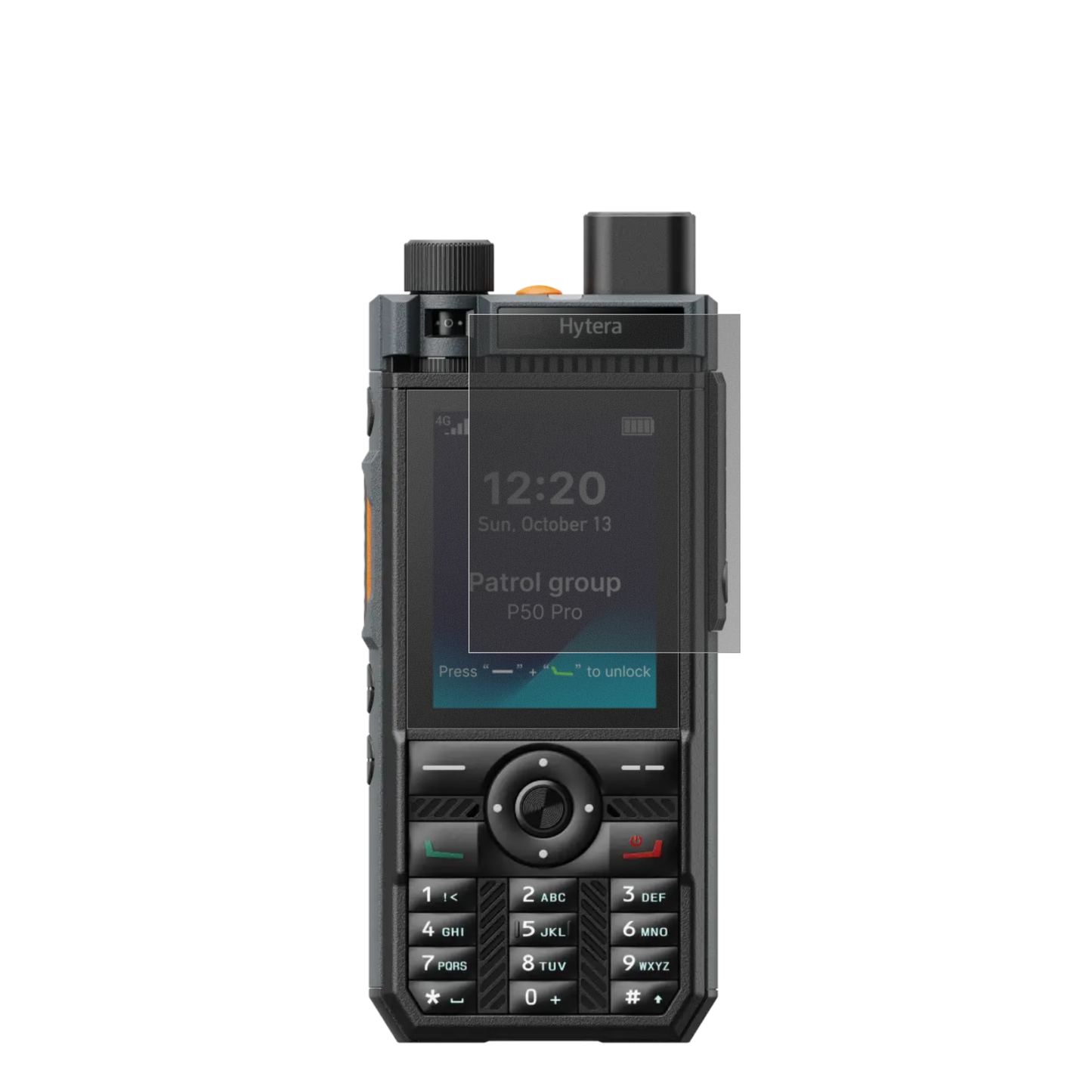 HyteraP50 Pro mit aufgebrachtem dipos Displayschutz, der seitliche Einblicke blockiert