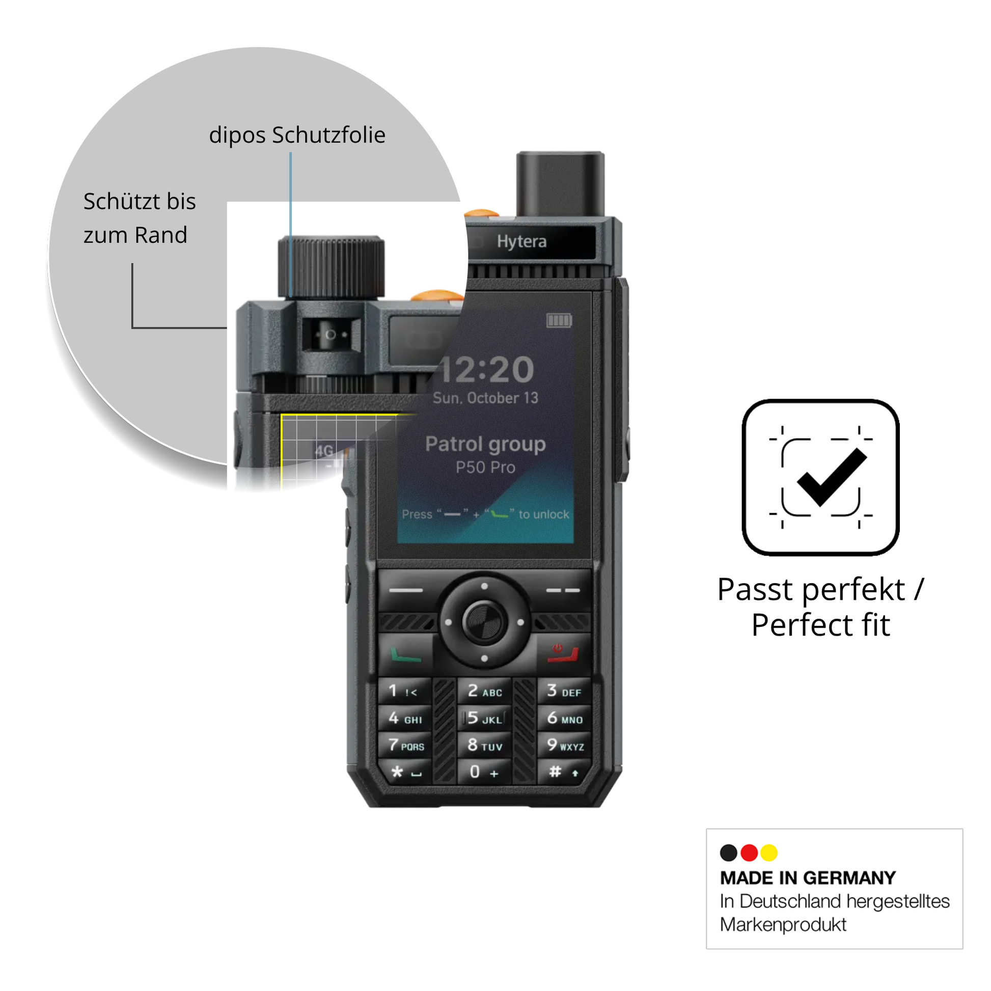 Schutz gegen Kratzer auf dem Hytera P50 Pro Glas durch Schlüssel oder Ähnliches