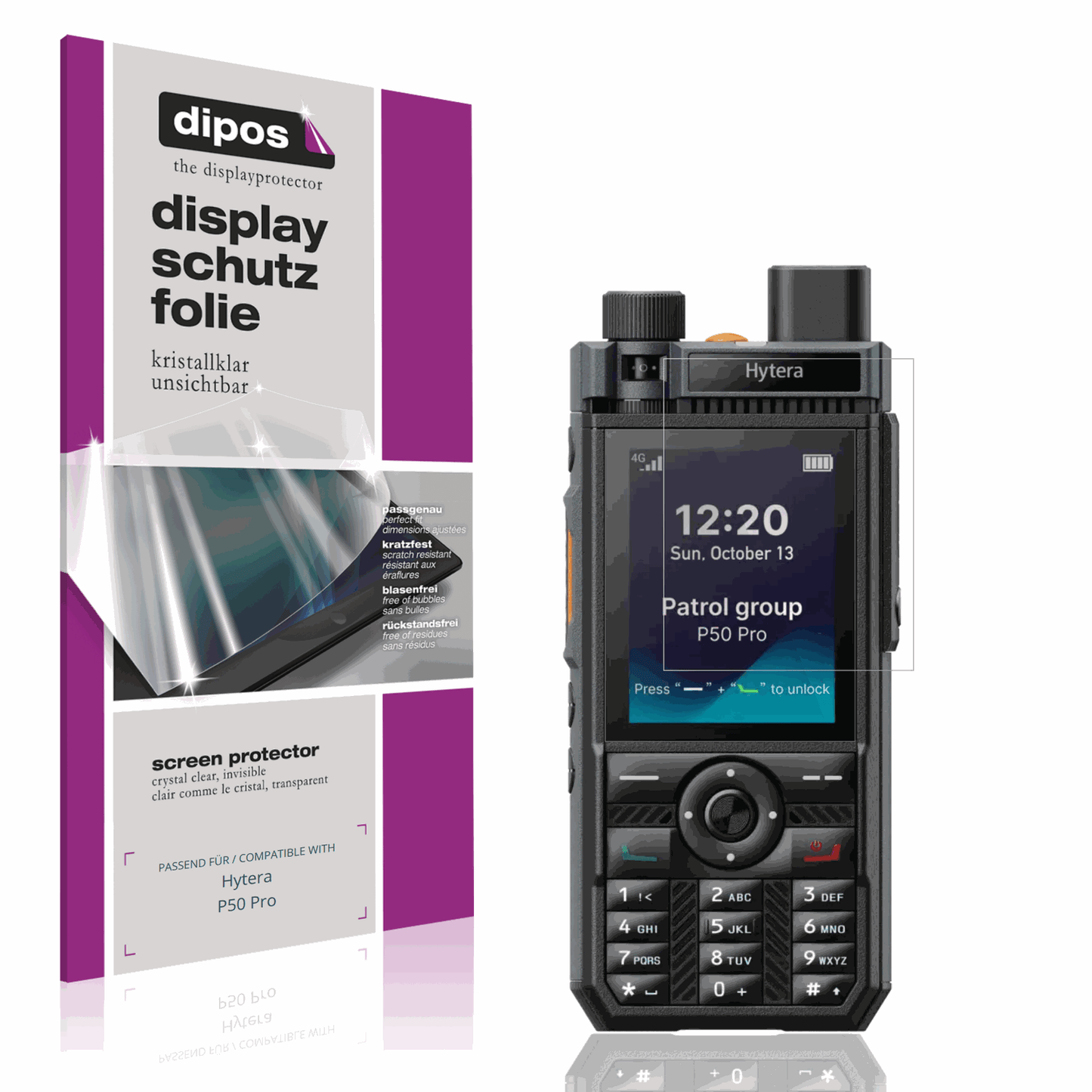 Klare Displayschutzfolie von dipos passend für Hytera P50 Pro, präziser Zuschnitt und blasenfrei montiert
