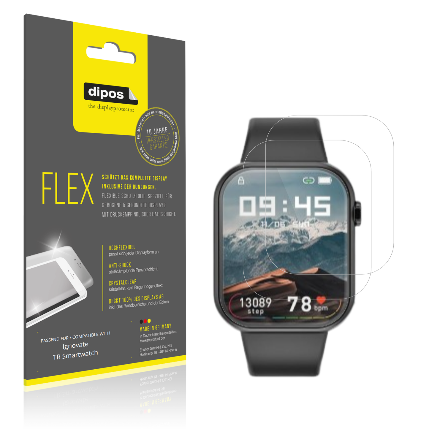 Klare Displayschutzfolie von dipos passend für ignovatetr smartwatch, 100% Displayabdeckung und blasenfreie Montage