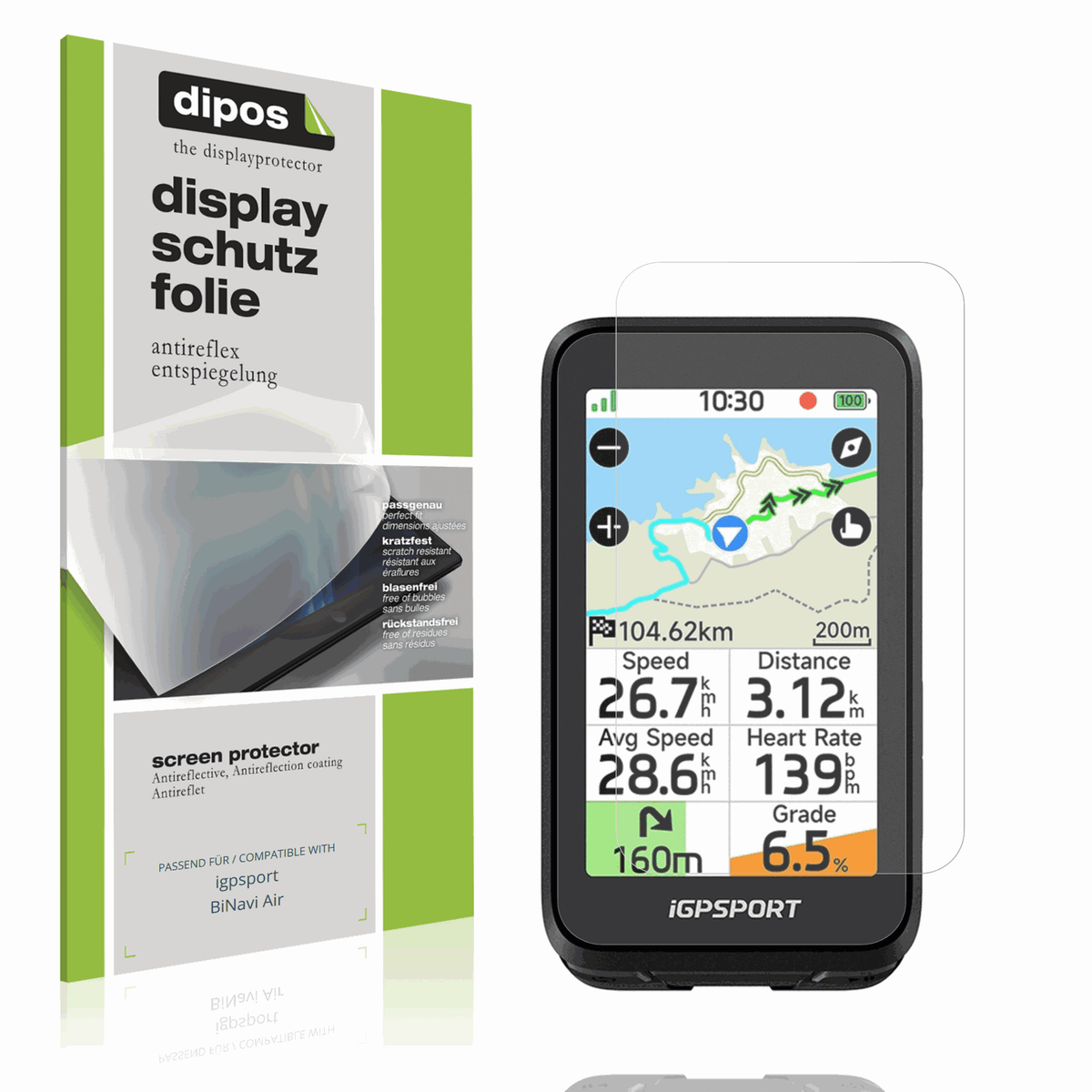 Matte Displayschutzfolie von dipos passend für igpsport BiNavi Air, präziser Zuschnitt und blasenfrei montiert