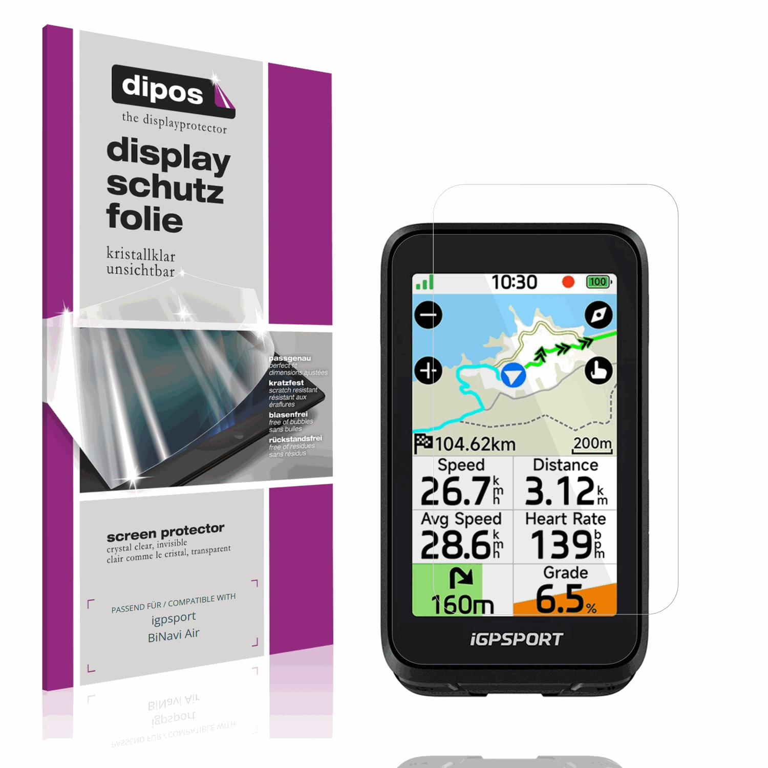 Klare Displayschutzfolie von dipos passend für igpsport BiNavi Air, präziser Zuschnitt und blasenfrei montiert