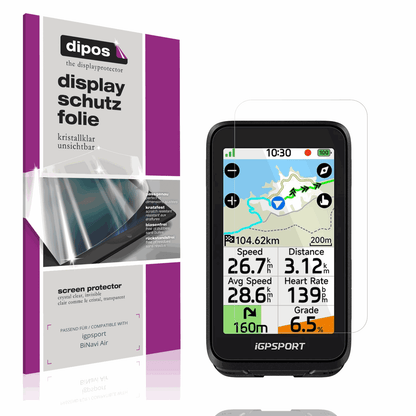 Klare Displayschutzfolie von dipos passend für igpsport BiNavi Air, präziser Zuschnitt und blasenfrei montiert
