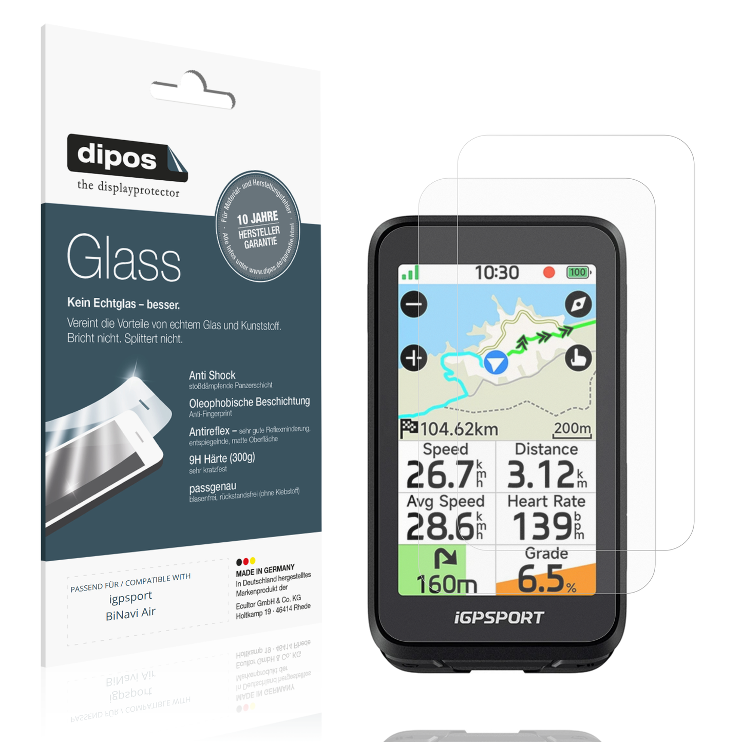 Matte Displayschutzfolie von dipos passend für igpsport BiNavi Air, 9H kratzfest und blasenfrei montiert