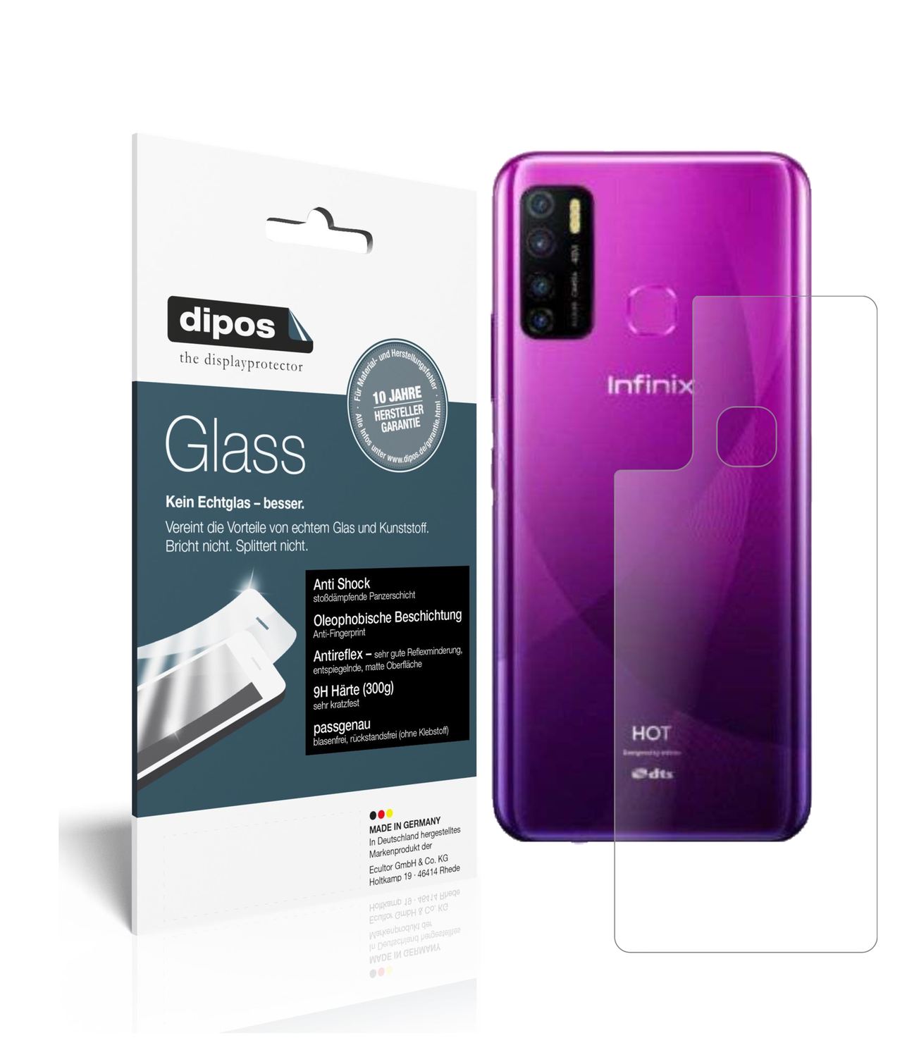 Matte Displayschutzfolie von dipos passend für Infinix Hot 9 Pro Rückseite, 9H kratzfest und blasenfrei montiert