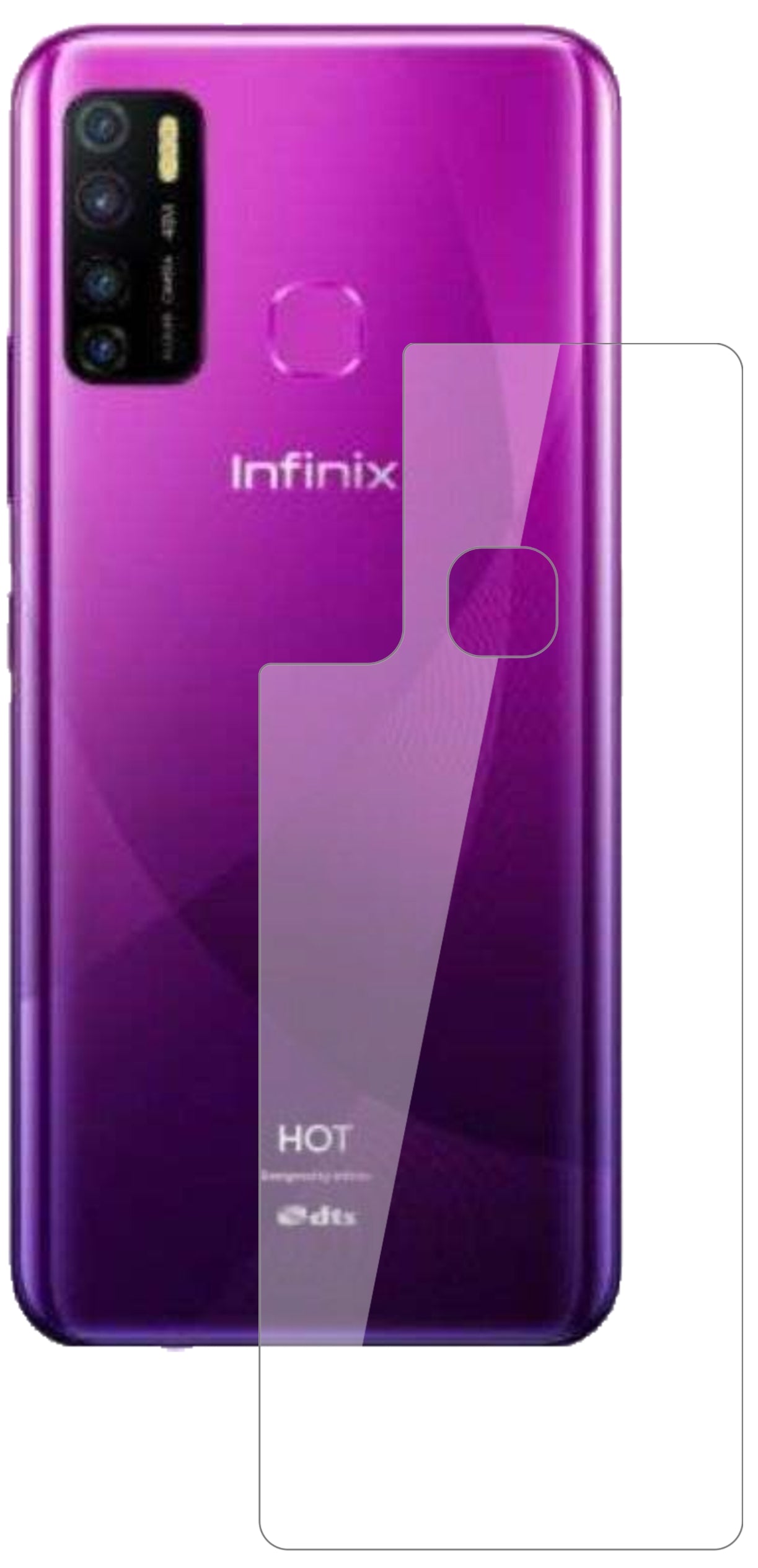InfinixHot 9 Pro Rückseite mit aufgebrachter dipos Flex Schutzfolie, glasklare Darstellung ohne Einschränkungen