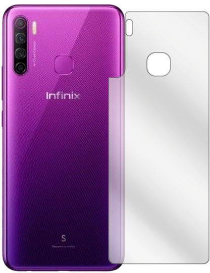 InfinixS5 Lite Rückseite mit aufgebrachter dipos Displayschutzfolie, glasklare Darstellung ohne Einschränkungen