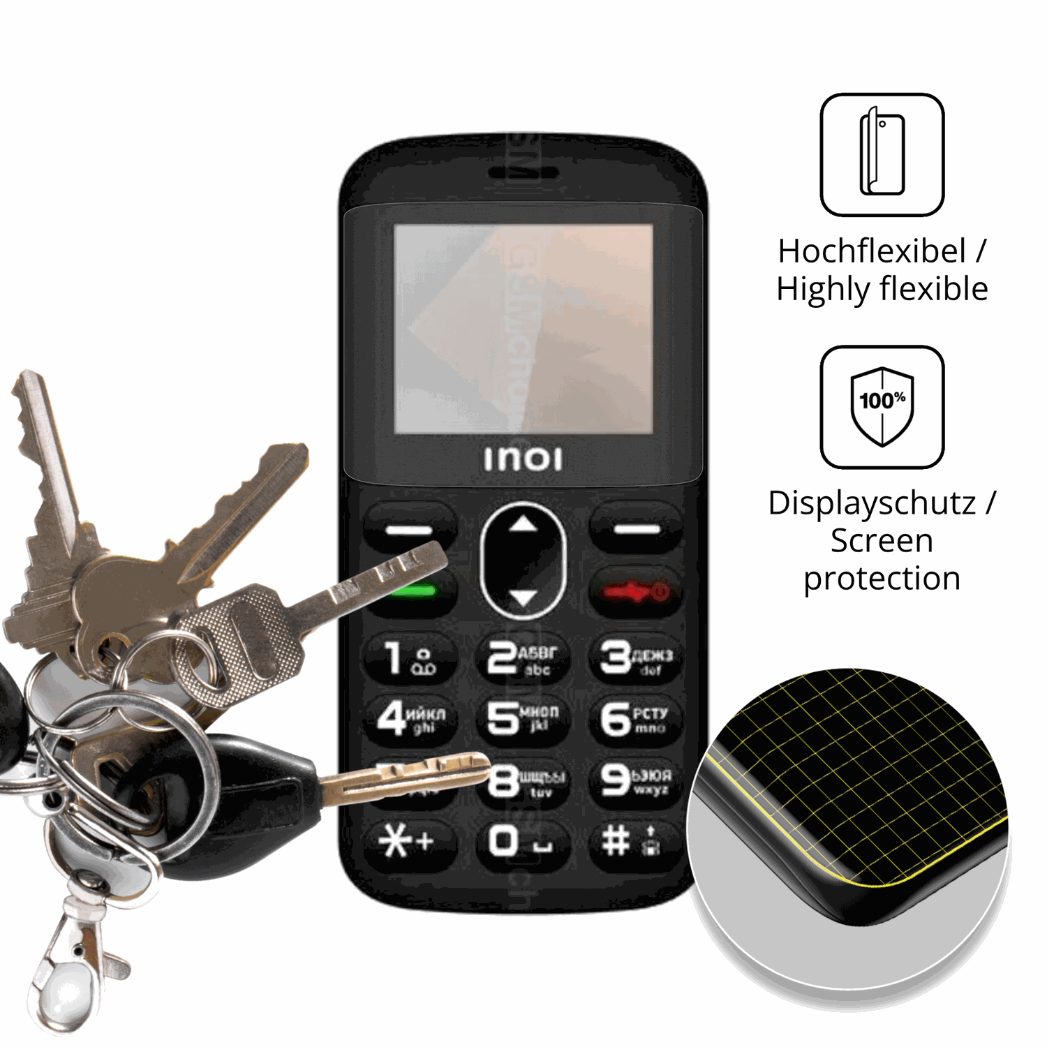 dipos Displayschutz für INOI 148 Senior 4G, transparente Oberfläche, perfekte Passform auch für die Rundungen