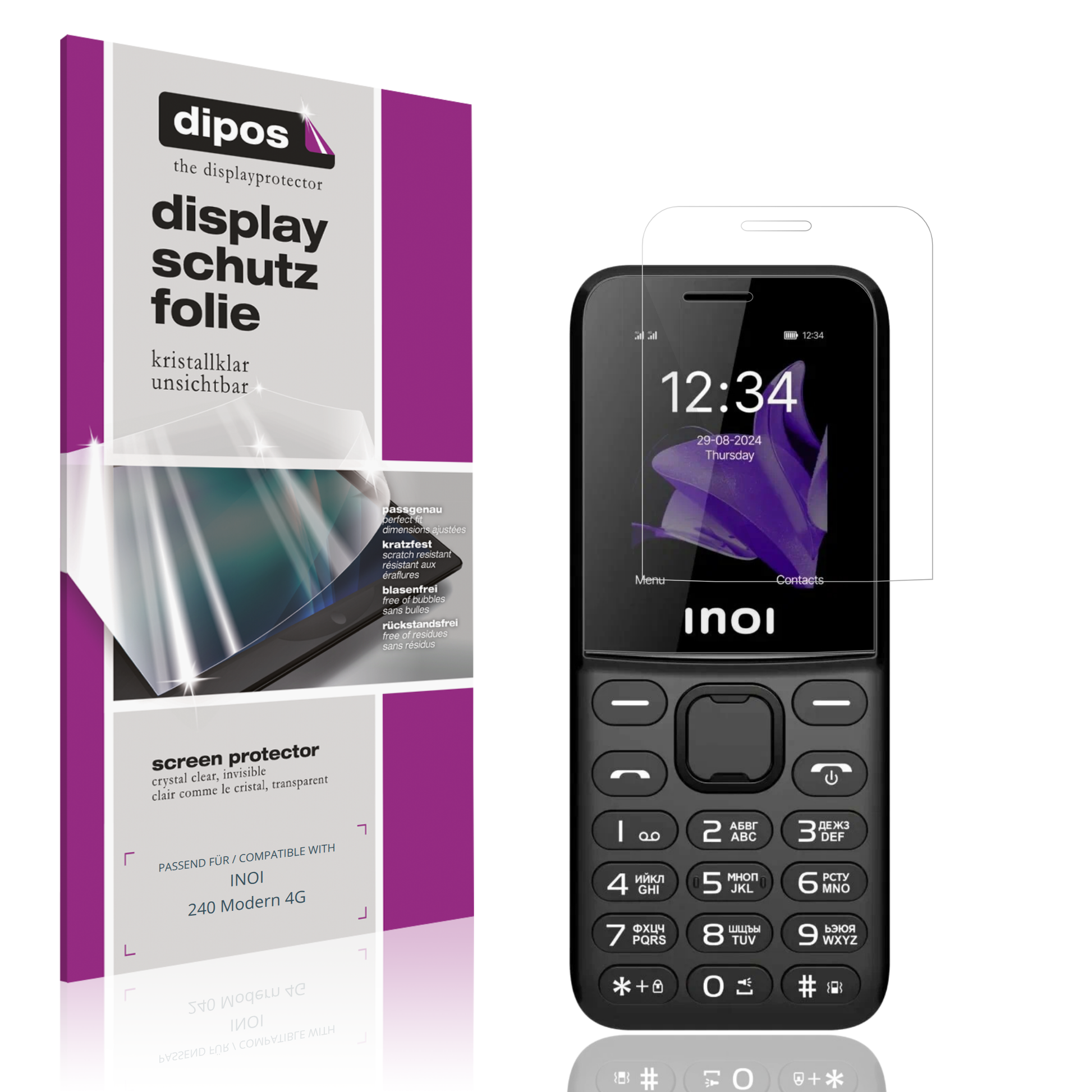 Klare Displayschutzfolie von dipos passend für INOI 240 Modern 4G, präziser Zuschnitt und blasenfrei montiert