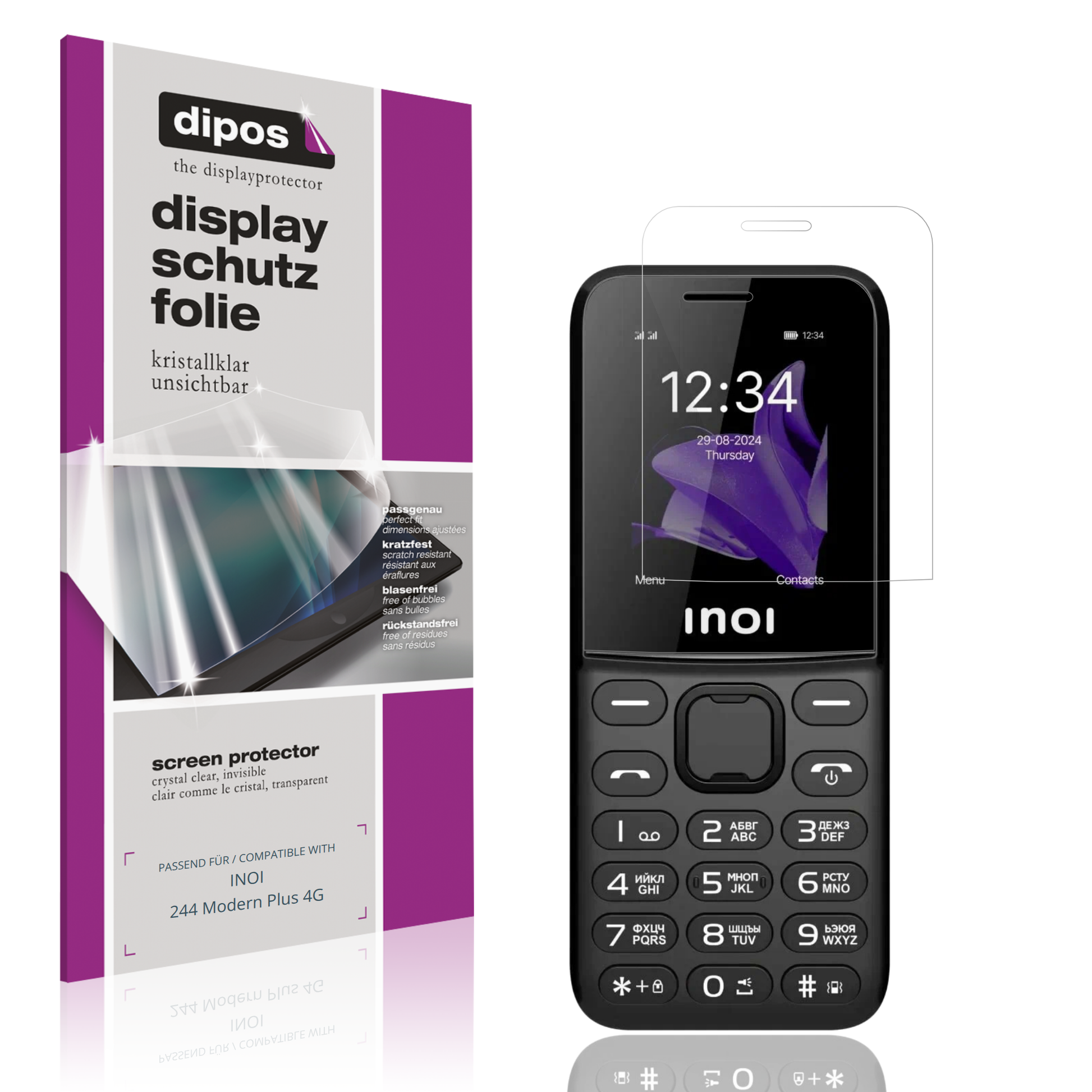 Klare Displayschutzfolie von dipos passend für INOI 244 Modern Plus 4G, präziser Zuschnitt und blasenfrei montiert