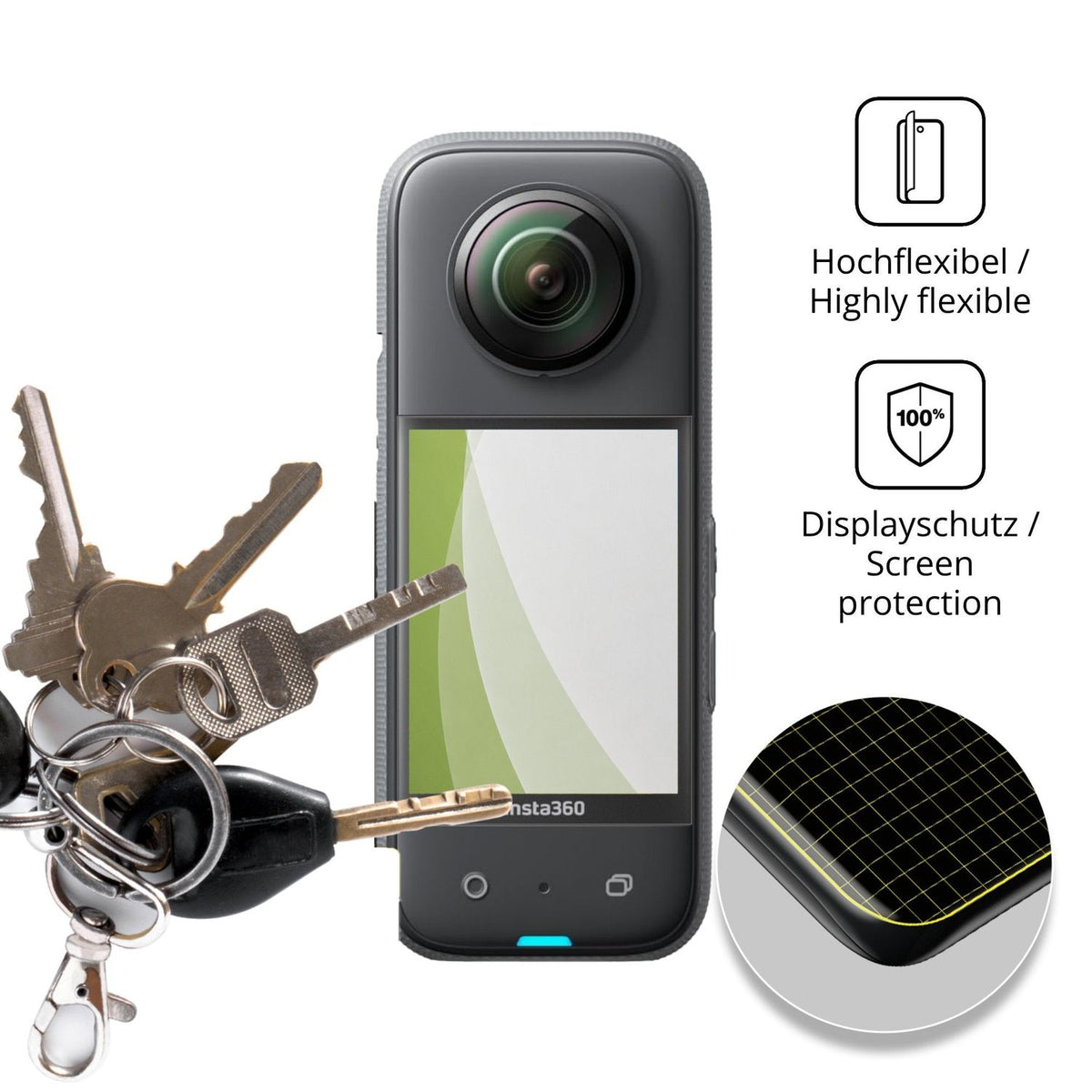 dipos Displayschutz für Insta360 X3, transparente Oberfläche, perfekte Passform auch für die Rundungen