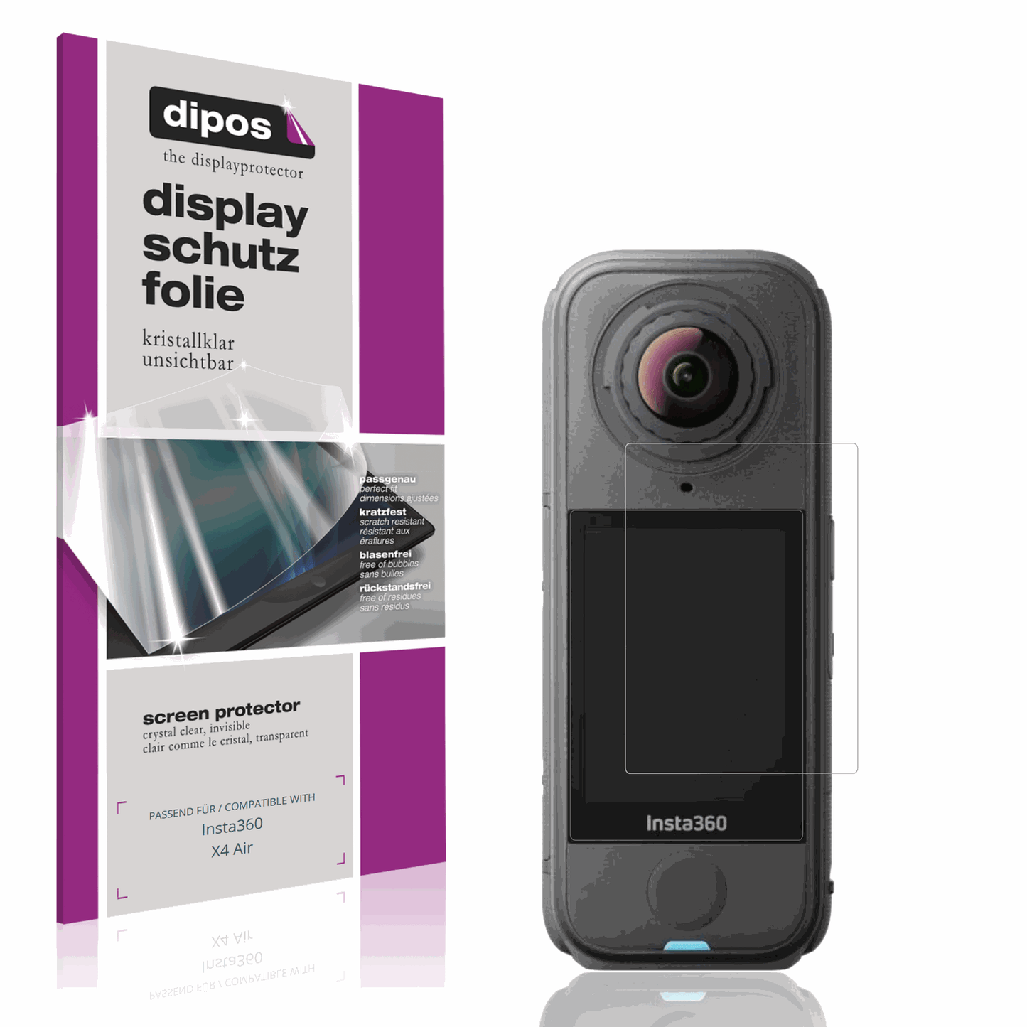 Klare Displayschutzfolie von dipos passend für insta360x4 air, präziser Zuschnitt und blasenfrei montiert