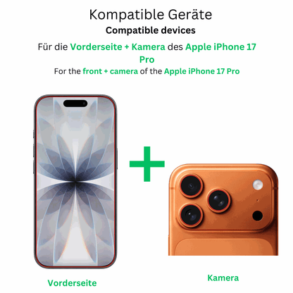 AppleiPhone 17 Pro mit Kameraschutz mit aufgebrachter dipos Displayschutzfolie, glasklare Darstellung ohne Einschränkungen