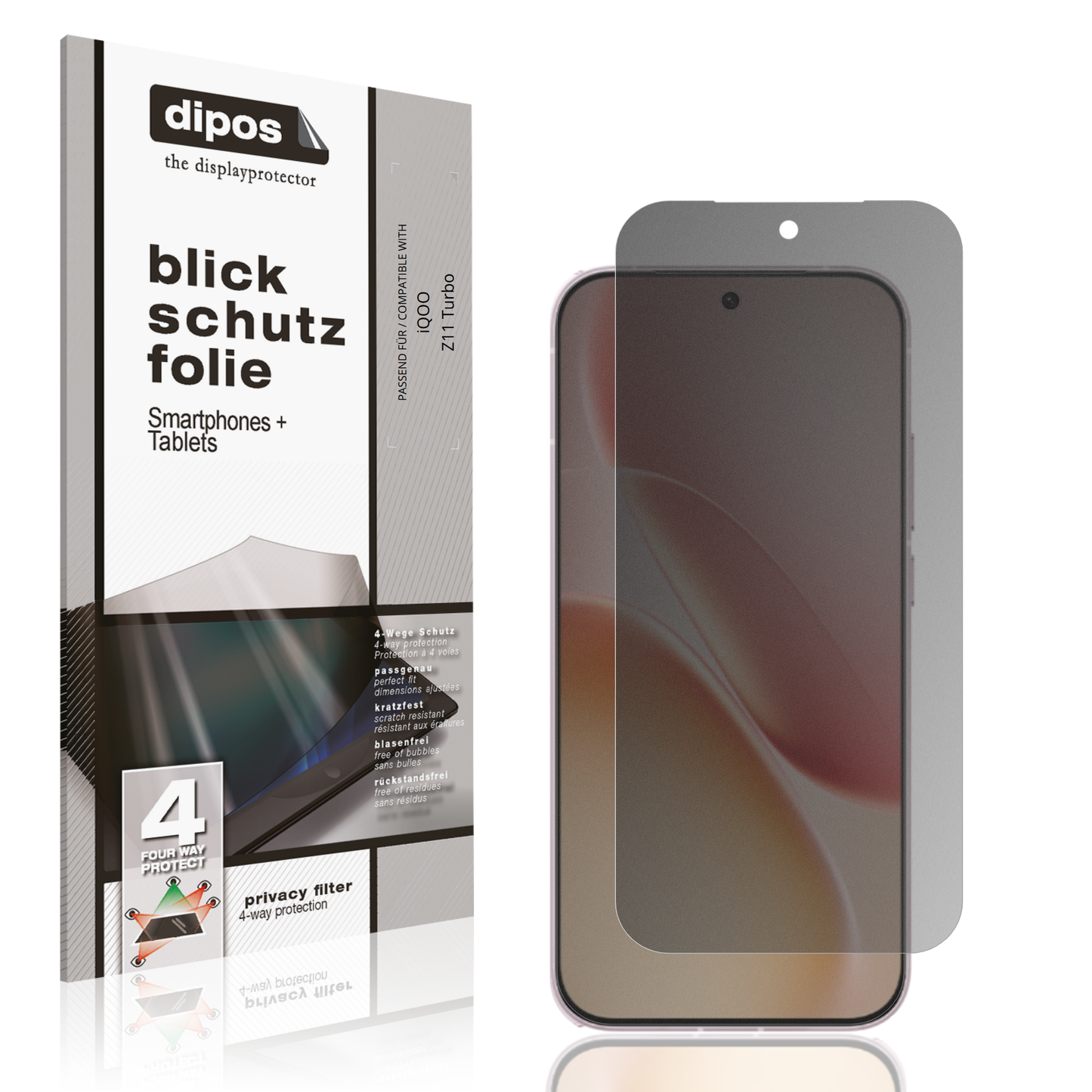 Blickschutzfolie von dipos passend für iQOO Z11 Turbo, präziser Zuschnitt und blasenfrei montiert