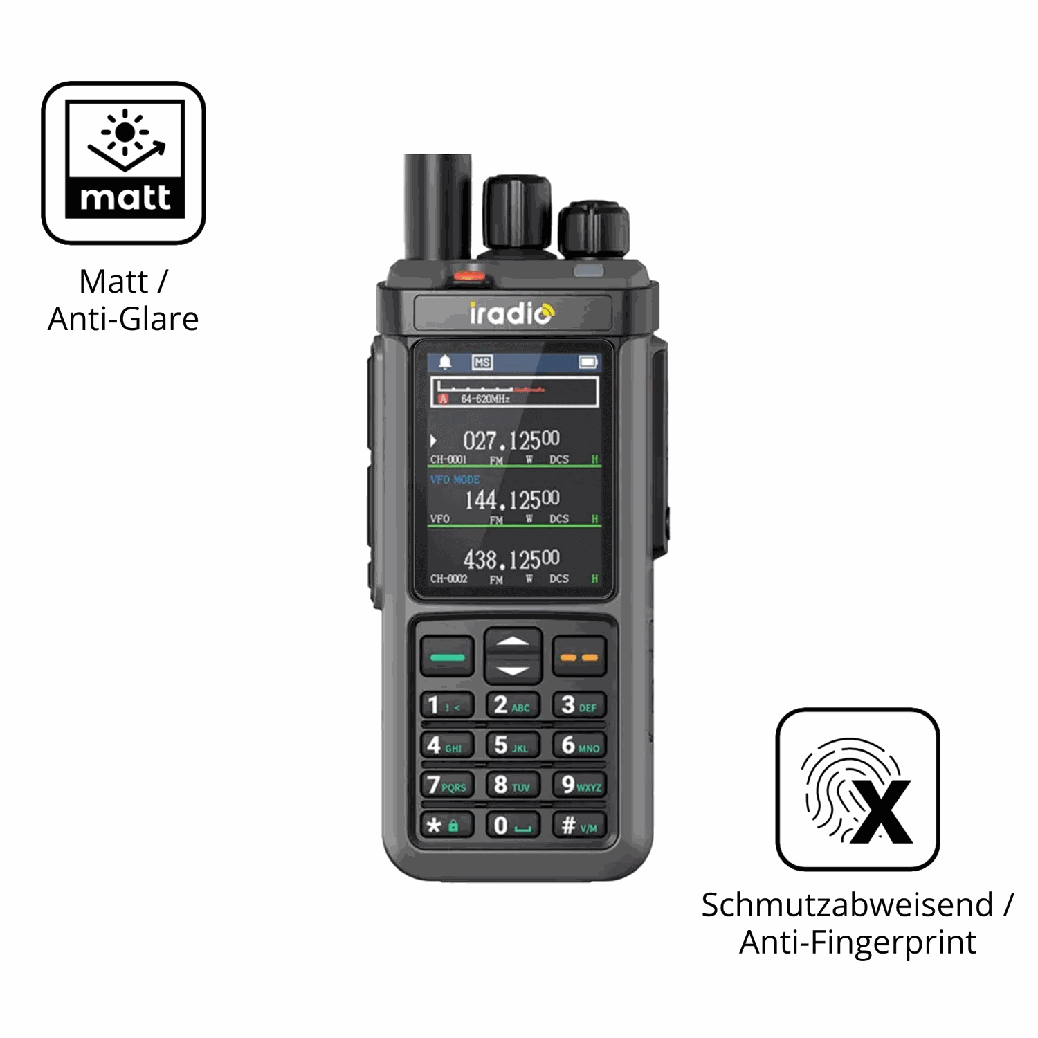 Dünne und entspiegelnde Folie passend zugeschnitten für IRADIO UV-98