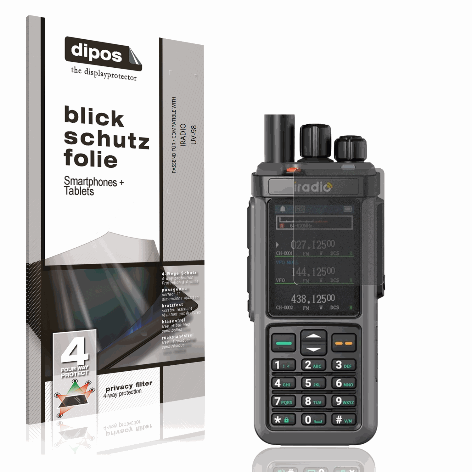 Blickschutzfolie von dipos passend für IRADIO UV-98, präziser Zuschnitt und blasenfrei montiert