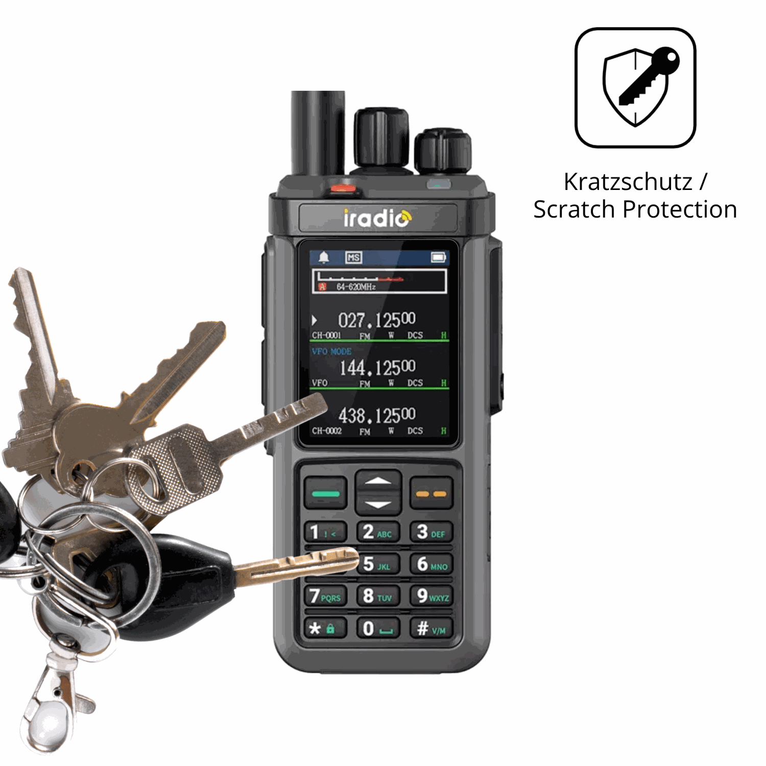 Schutz gegen Kratzer auf dem IRADIO UV-98 Glas durch Schlüssel oder Ähnliches