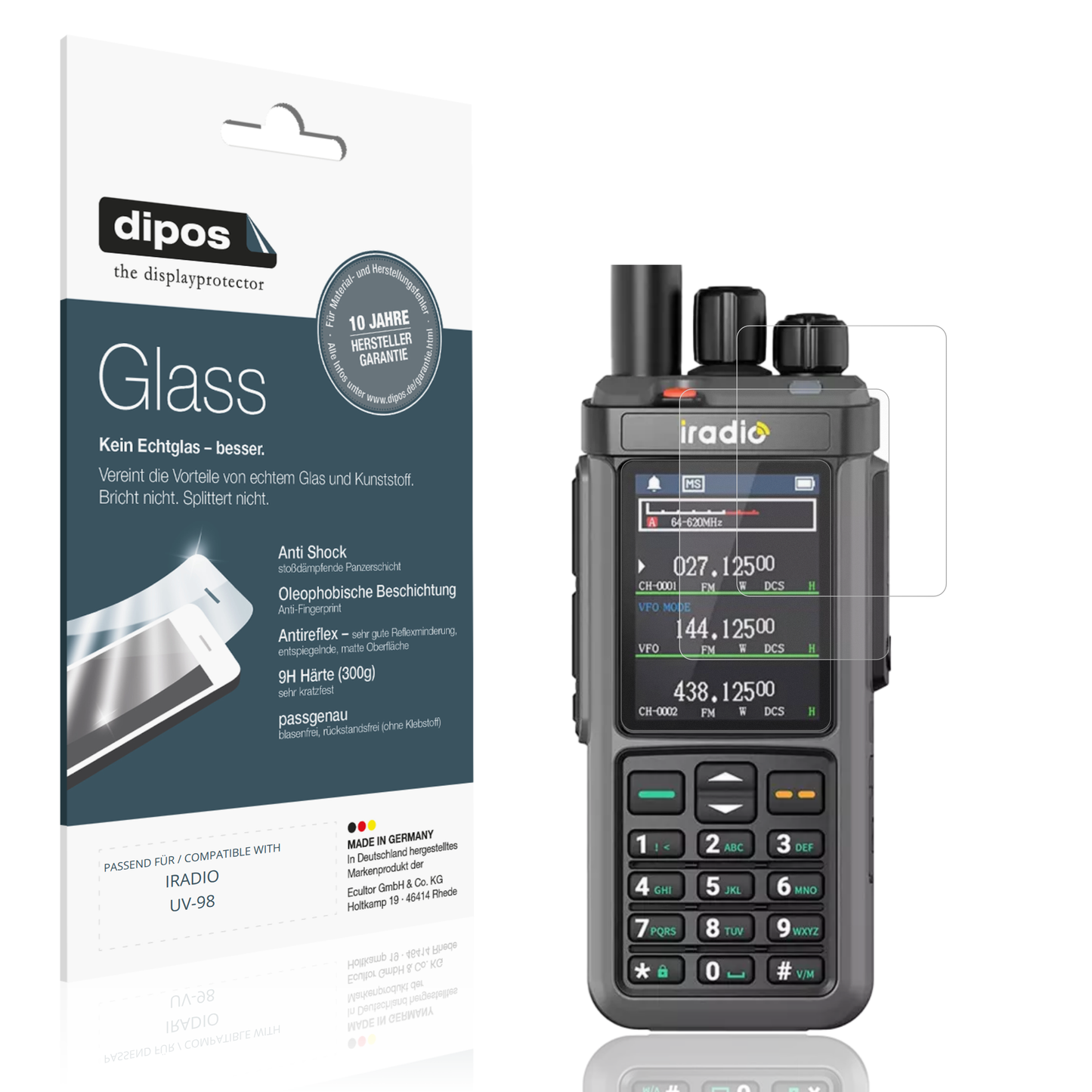Matte Displayschutzfolie von dipos passend für IRADIO UV-98, 9H kratzfest und blasenfrei montiert