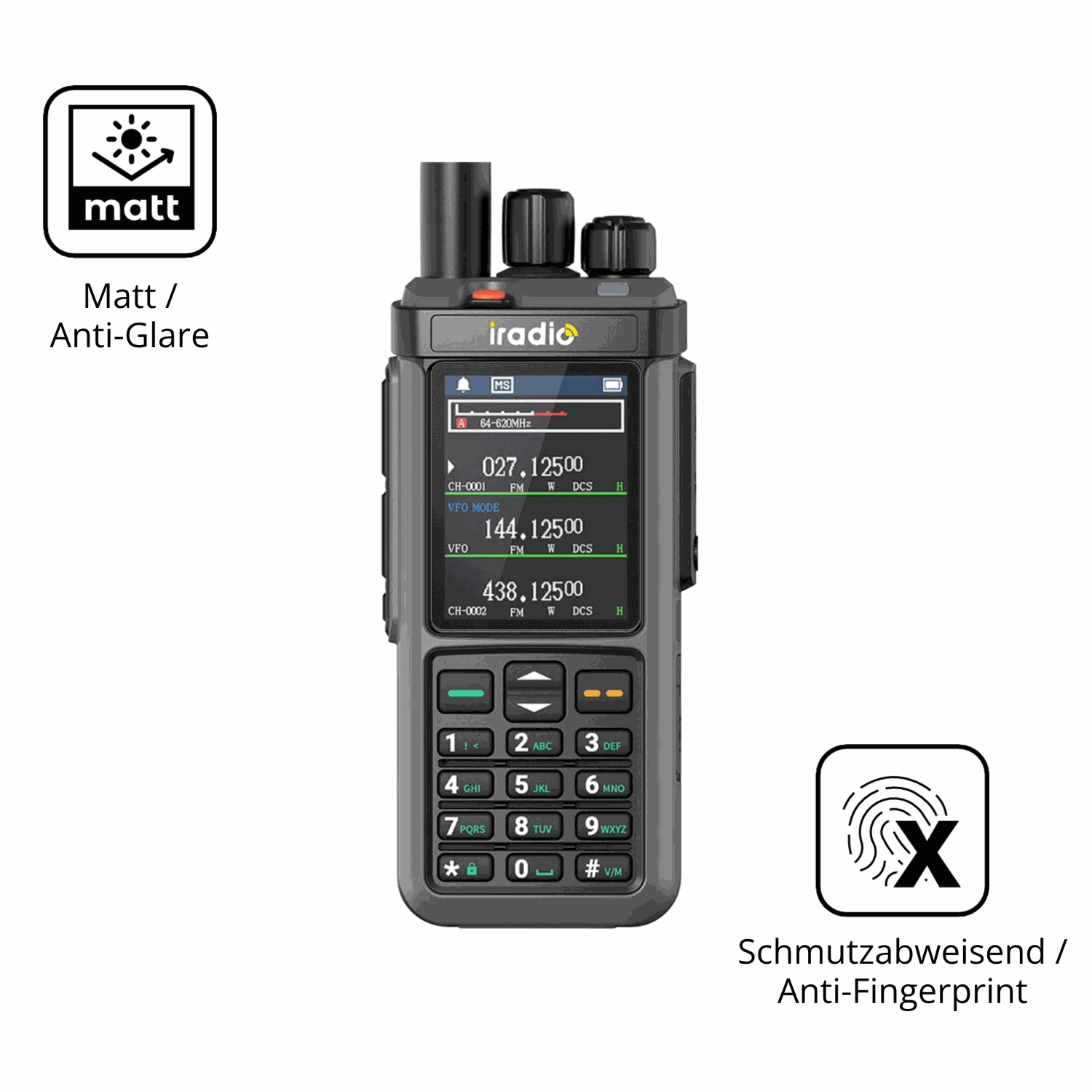 Dünne und entspiegelnde Folie passend zugeschnitten für IRADIO UV-98 Plus