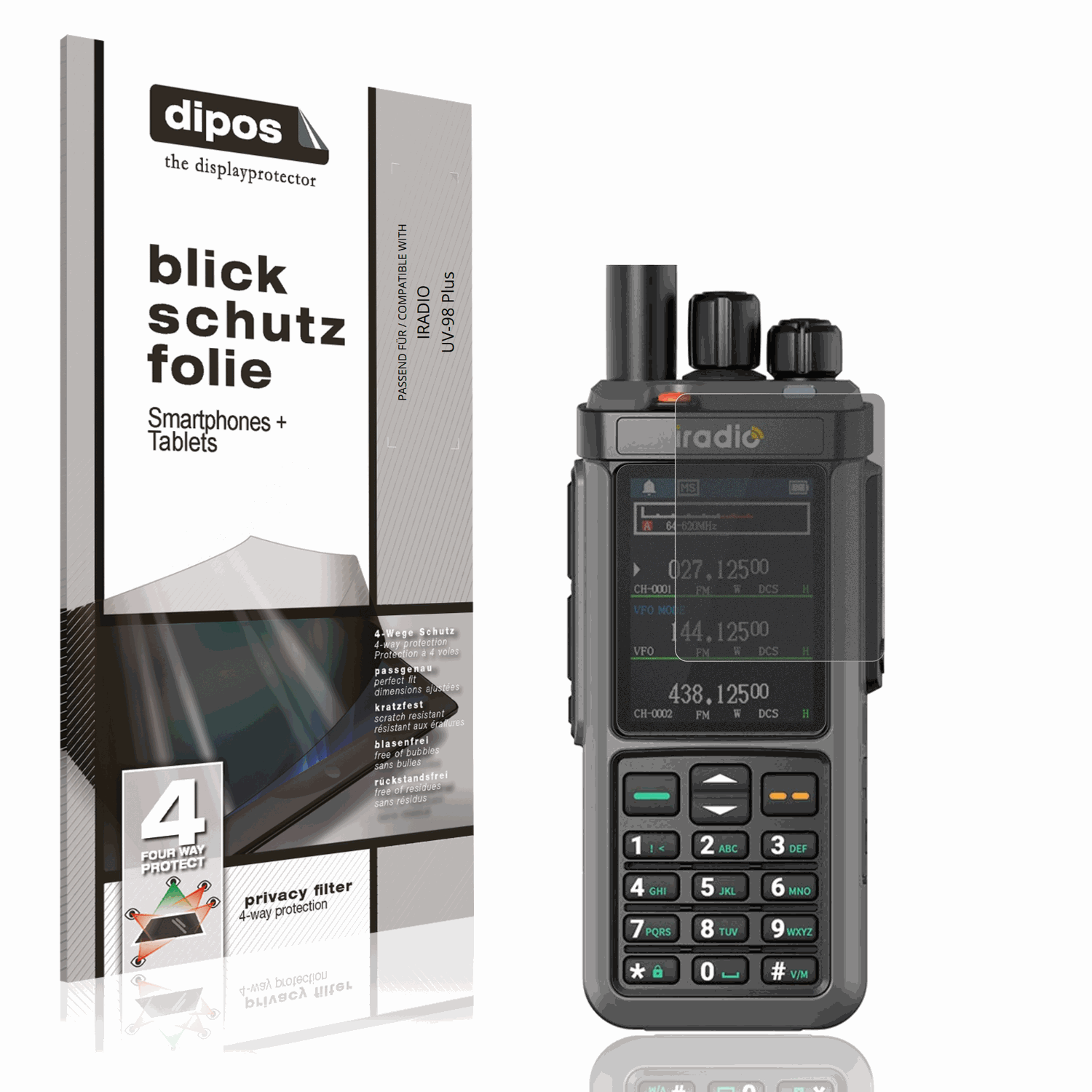 Blickschutzfolie von dipos passend für IRADIO UV-98 Plus, präziser Zuschnitt und blasenfrei montiert